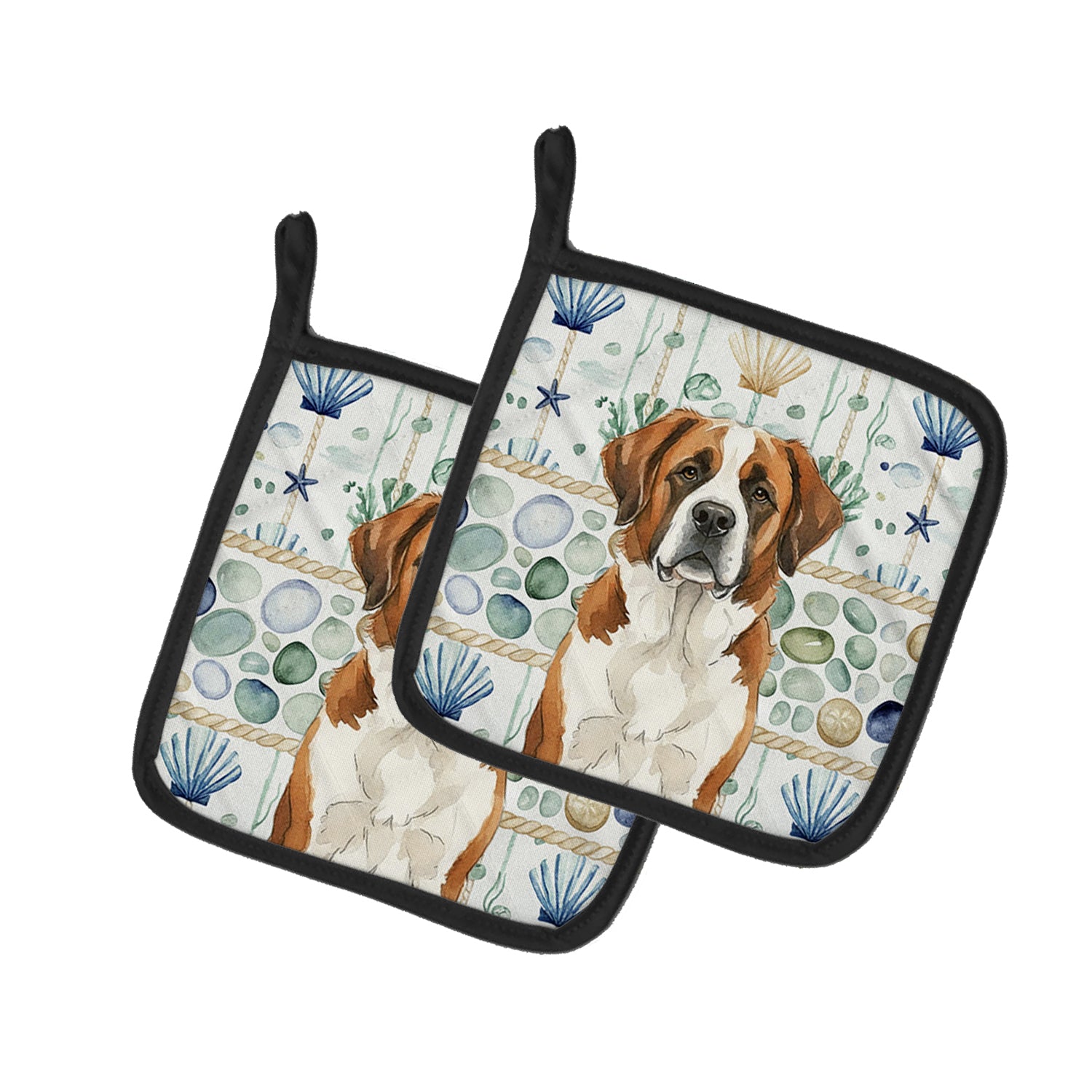 Caroline's Treasures Brown and White Saint Bernard Coastal Sea Glass Pair of Pot Holders