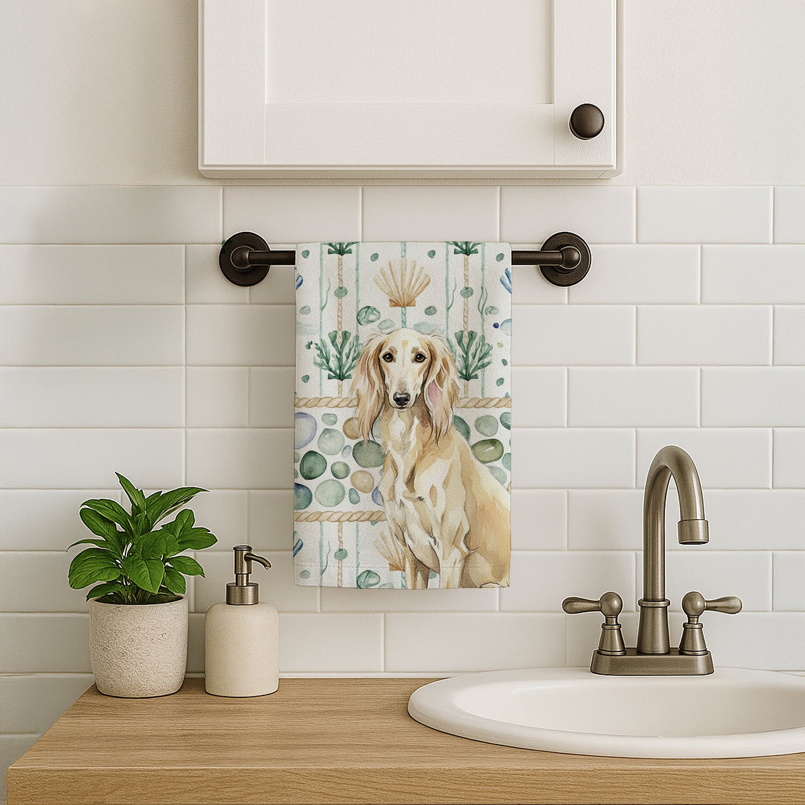 Caroline's Treasures Cream Saluki Coastal Sea Glass Kitchen Towel