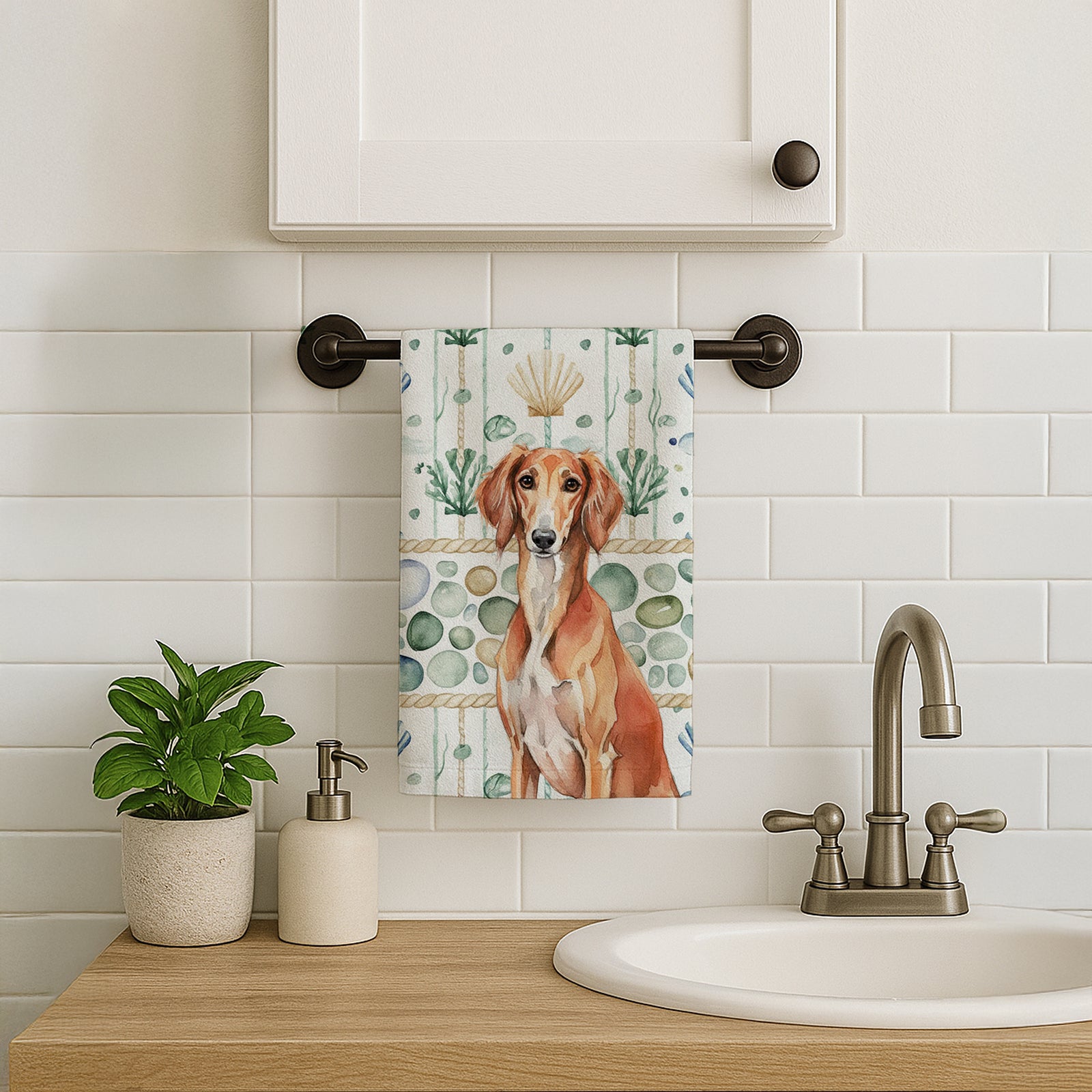 Caroline's Treasures Red Saluki Coastal Sea Glass Kitchen Towel