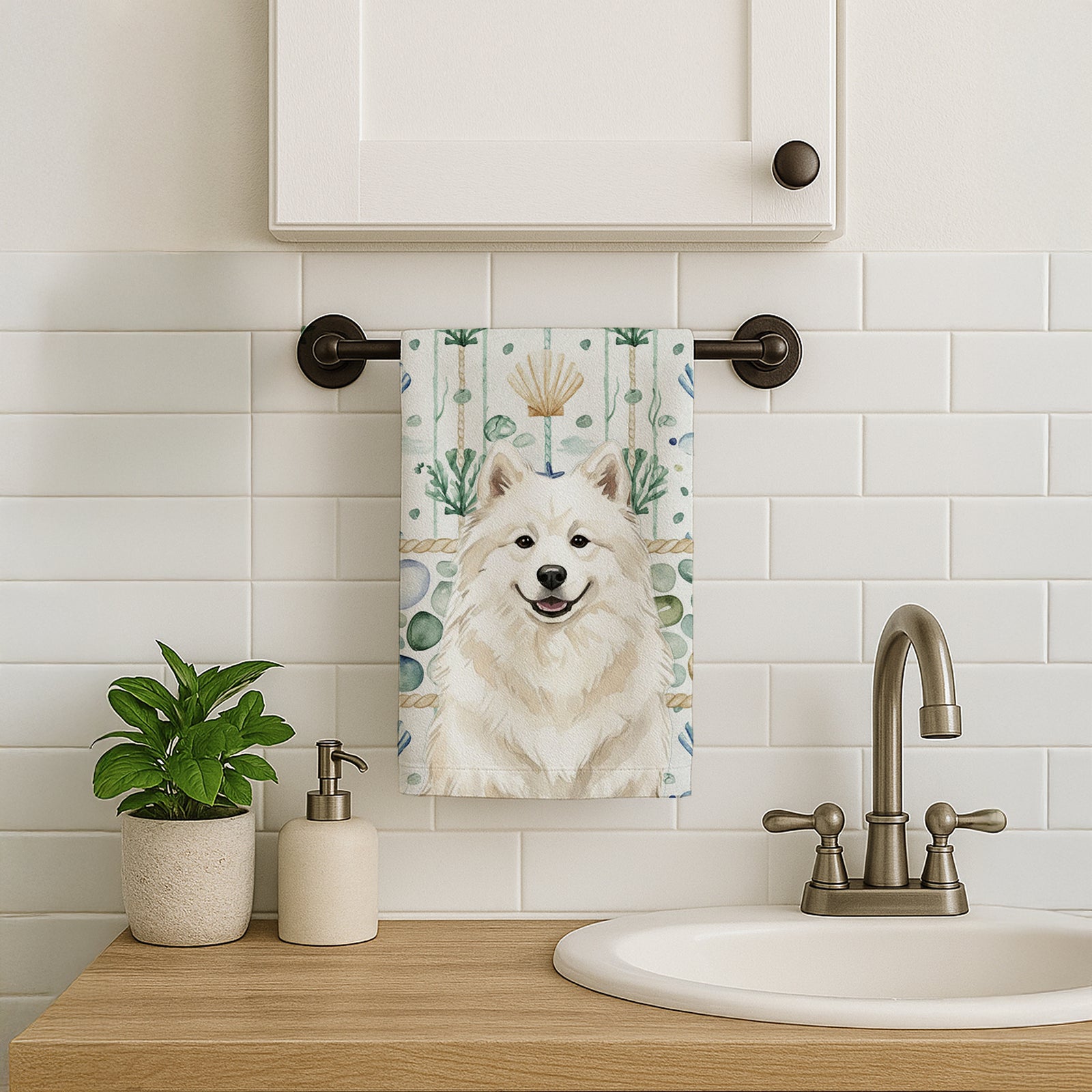 Caroline's Treasures Cream Samoyed Coastal Sea Glass Kitchen Towel