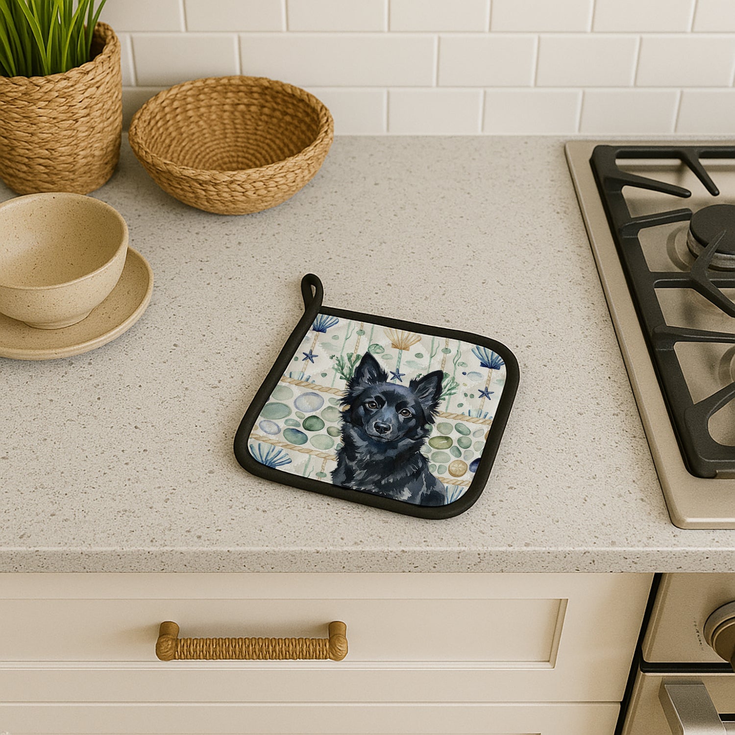 Caroline's Treasures Schipperke Coastal Sea Glass Pair of Pot Holders