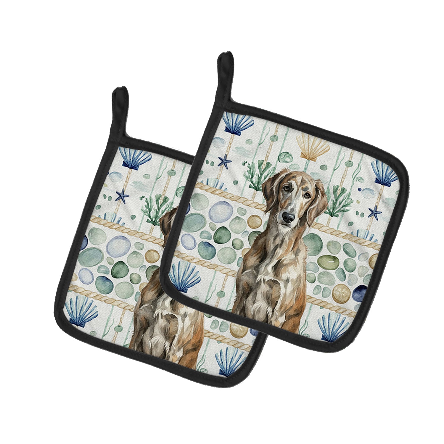 Caroline's Treasures Brindle Scottish Deerhound Coastal Sea Glass Pair of Pot Holders