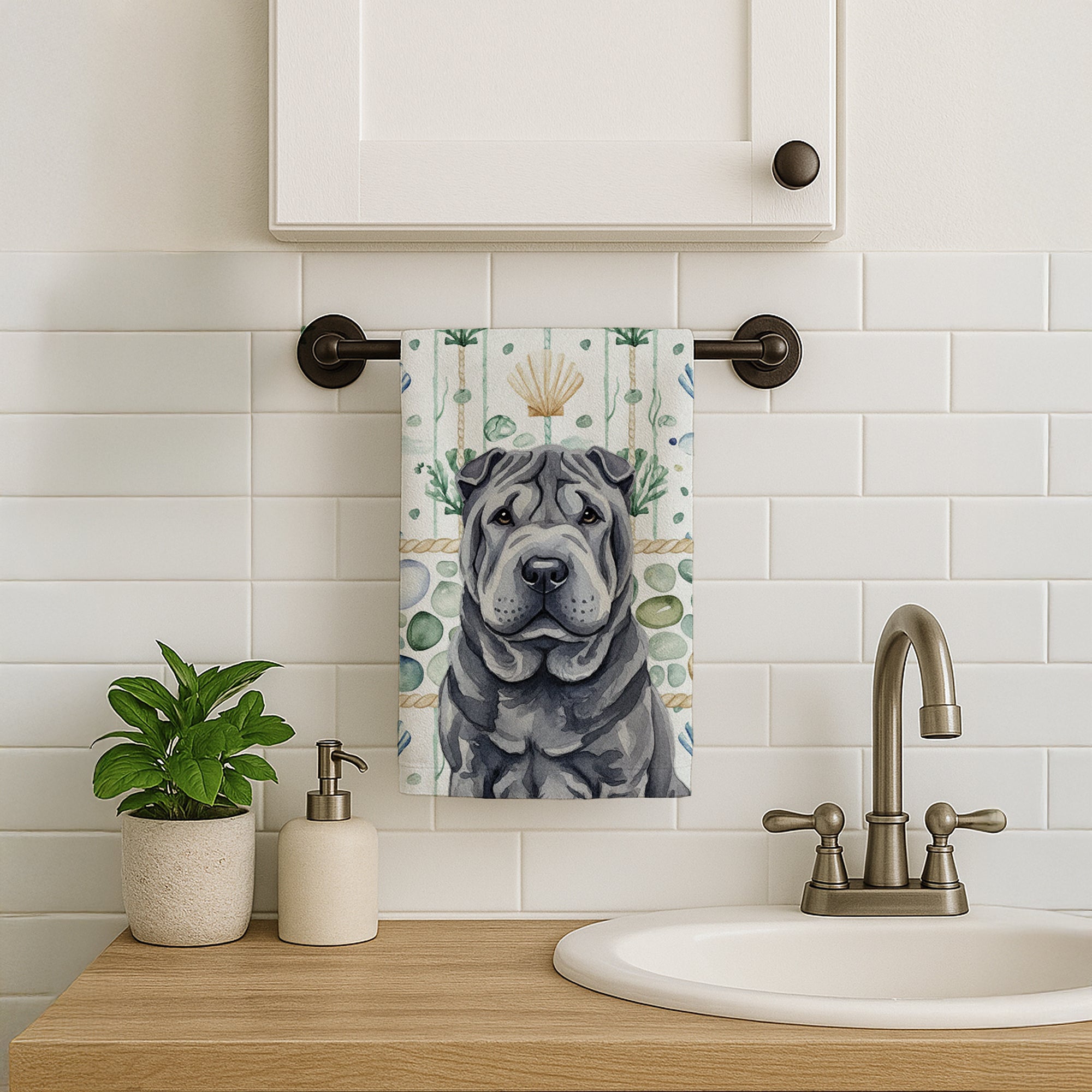 Caroline's Treasures Black Shar Pei Coastal Sea Glass Kitchen Towel