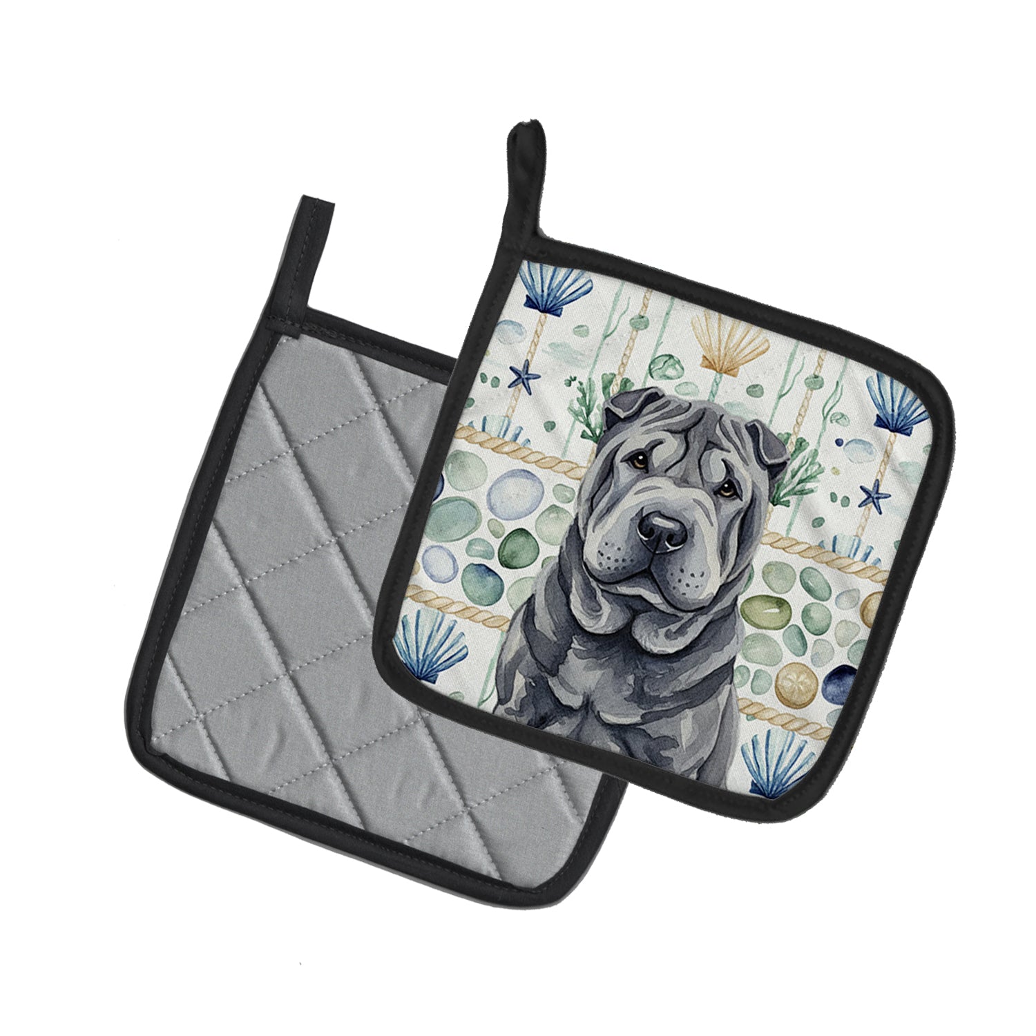 Caroline's Treasures Black Shar Pei Coastal Sea Glass Pair of Pot Holders