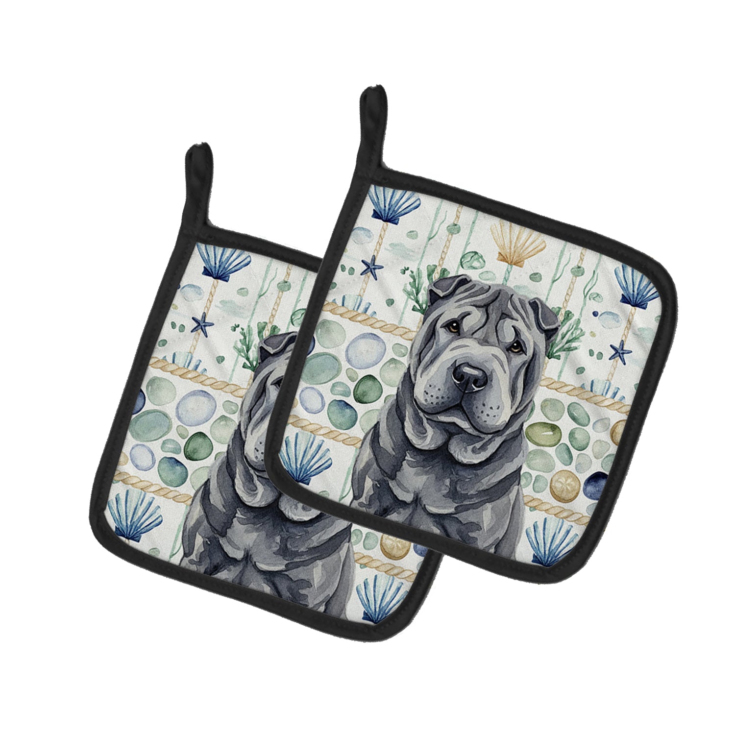 Caroline's Treasures Black Shar Pei Coastal Sea Glass Pair of Pot Holders