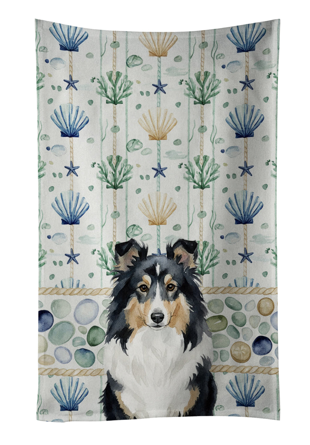 Caroline's Treasures Tricolor Sheltie Coastal Sea Glass Kitchen Towel