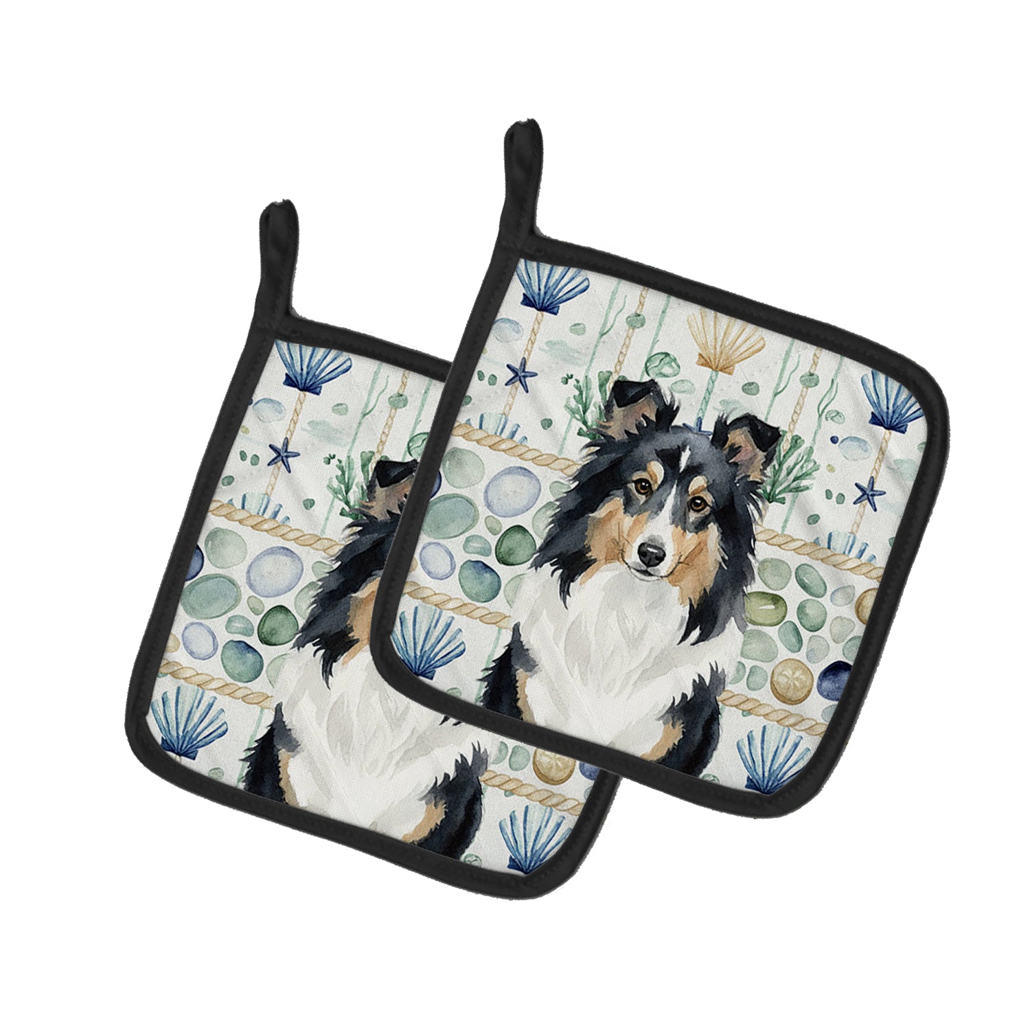 Caroline's Treasures Tricolor Sheltie Coastal Sea Glass Pair of Pot Holders