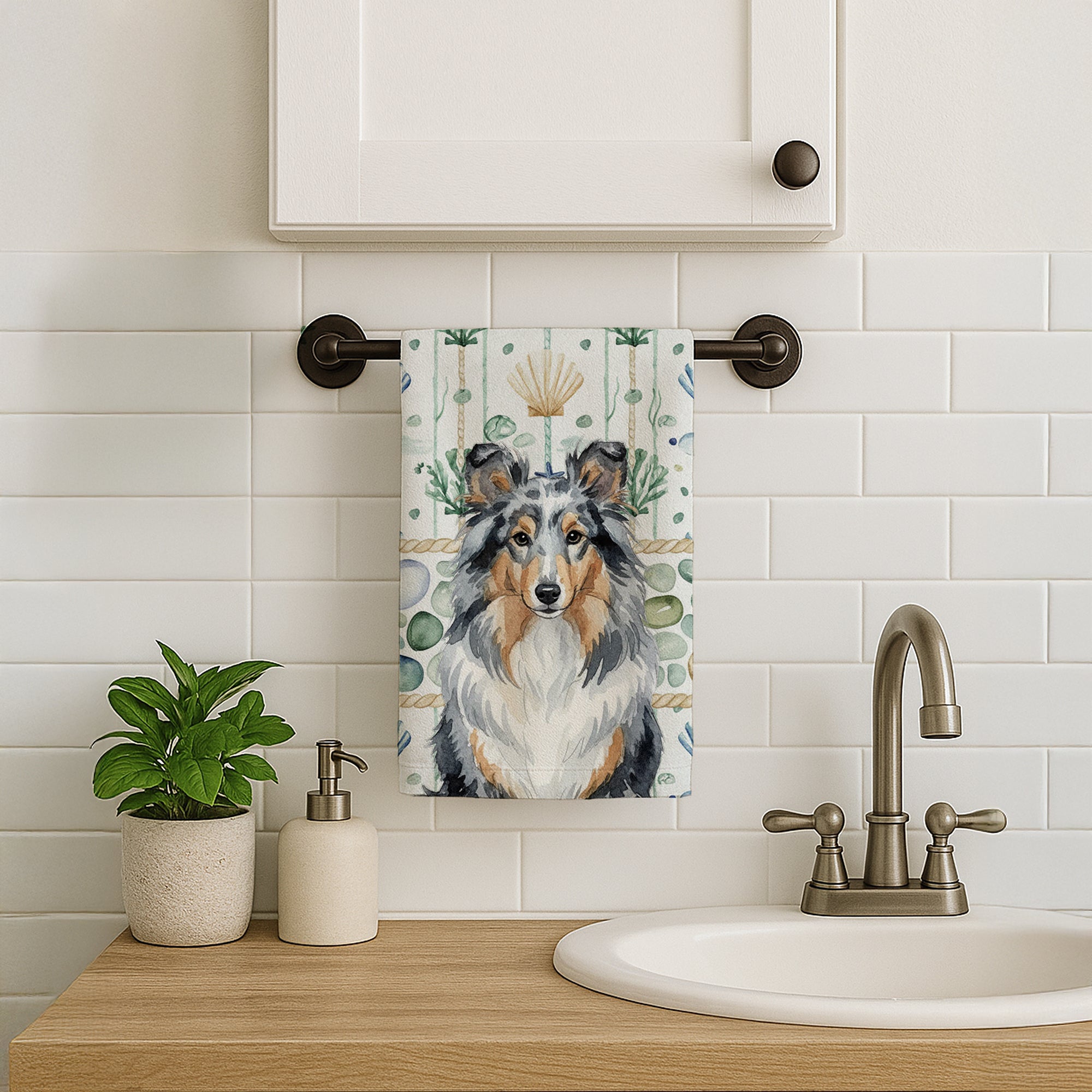 Caroline's Treasures Blue Merle Sheltie Coastal Sea Glass Kitchen Towel