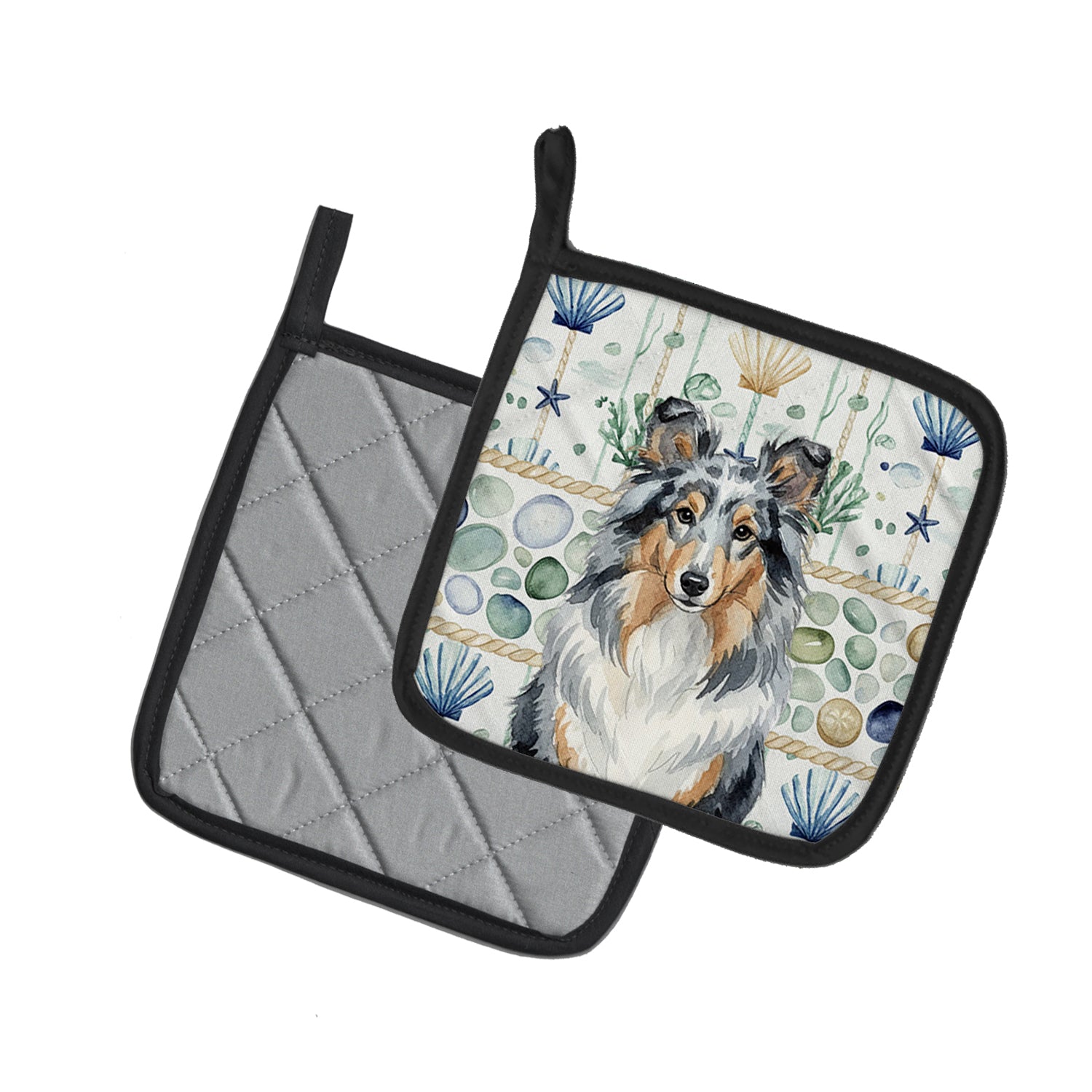 Caroline's Treasures Blue Merle Sheltie Coastal Sea Glass Pair of Pot Holders