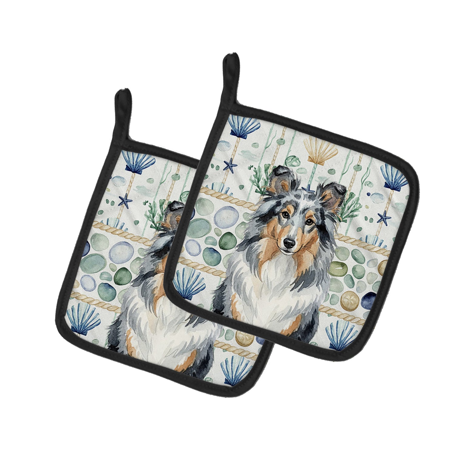 Caroline's Treasures Blue Merle Sheltie Coastal Sea Glass Pair of Pot Holders