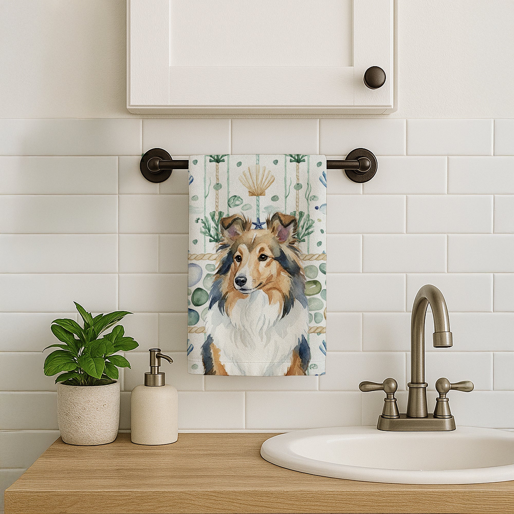 Caroline's Treasures Sable Sheltie Coastal Sea Glass Kitchen Towel