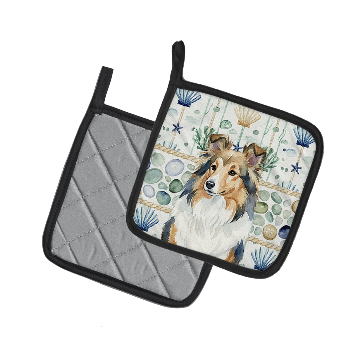 Caroline's Treasures Sable Sheltie Coastal Sea Glass Pair of Pot Holders