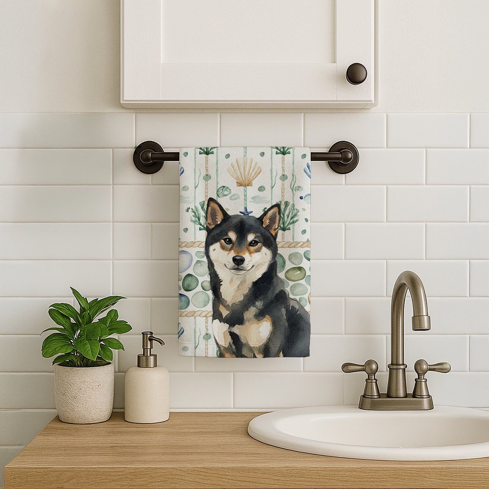 Caroline's Treasures Black and Tan Shiba Inu Coastal Sea Glass Kitchen Towel