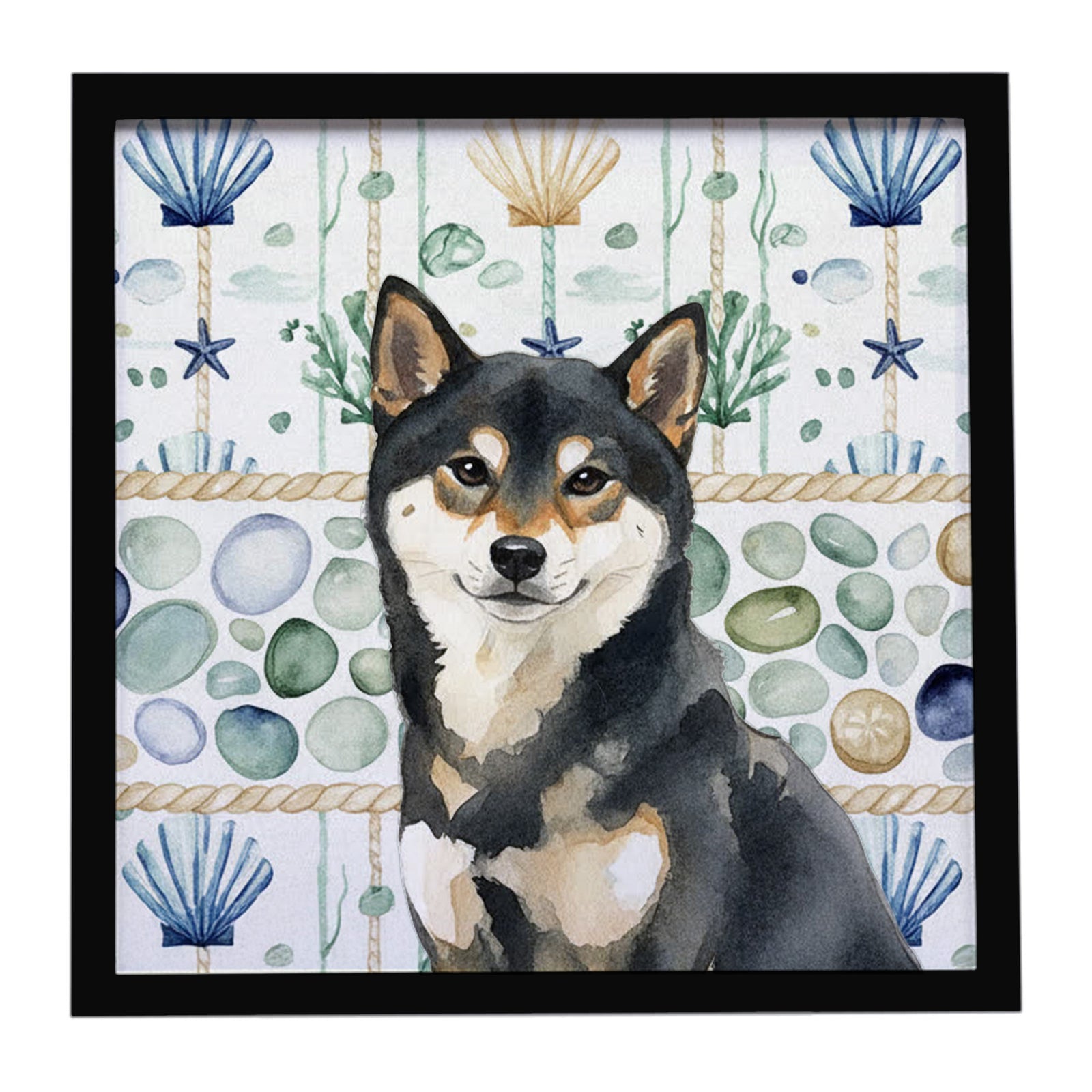 Caroline's Treasures Black and Tan Shiba Inu Coastal Sea Glass Framed Metal Print