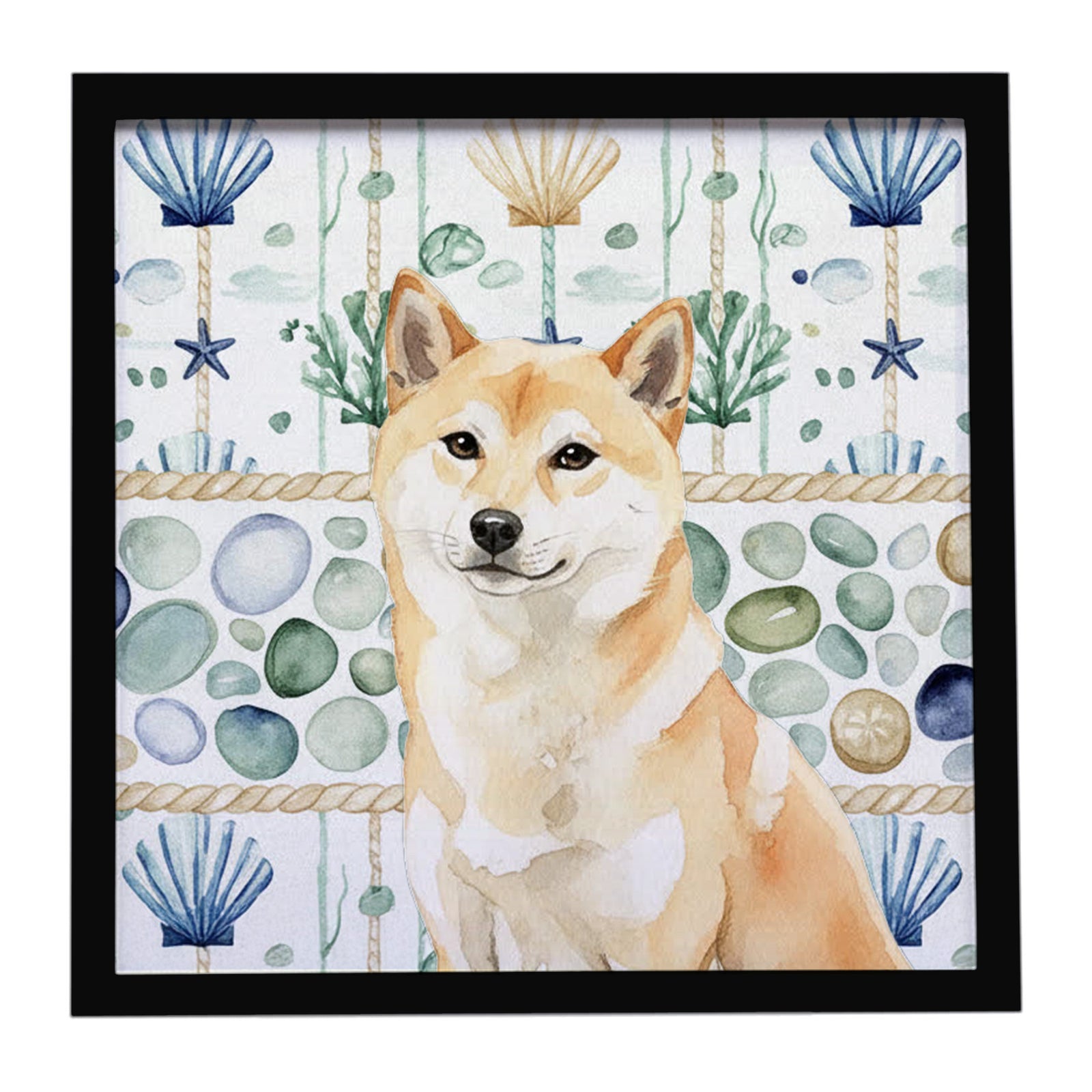 Caroline's Treasures Cream Shiba Inu Coastal Sea Glass Framed Metal Print