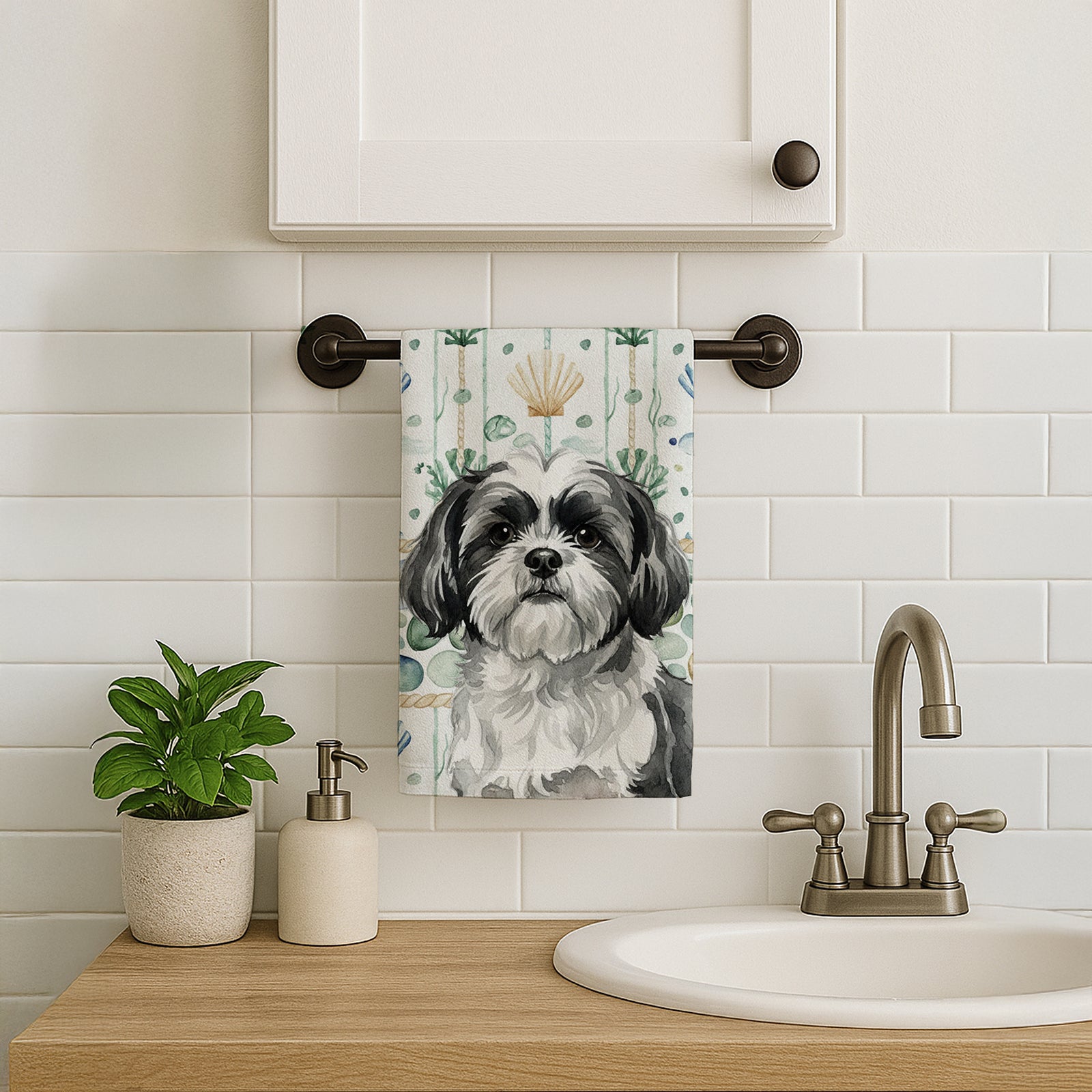 Caroline's Treasures Black and White Shih Tzu Coastal Sea Glass Kitchen Towel