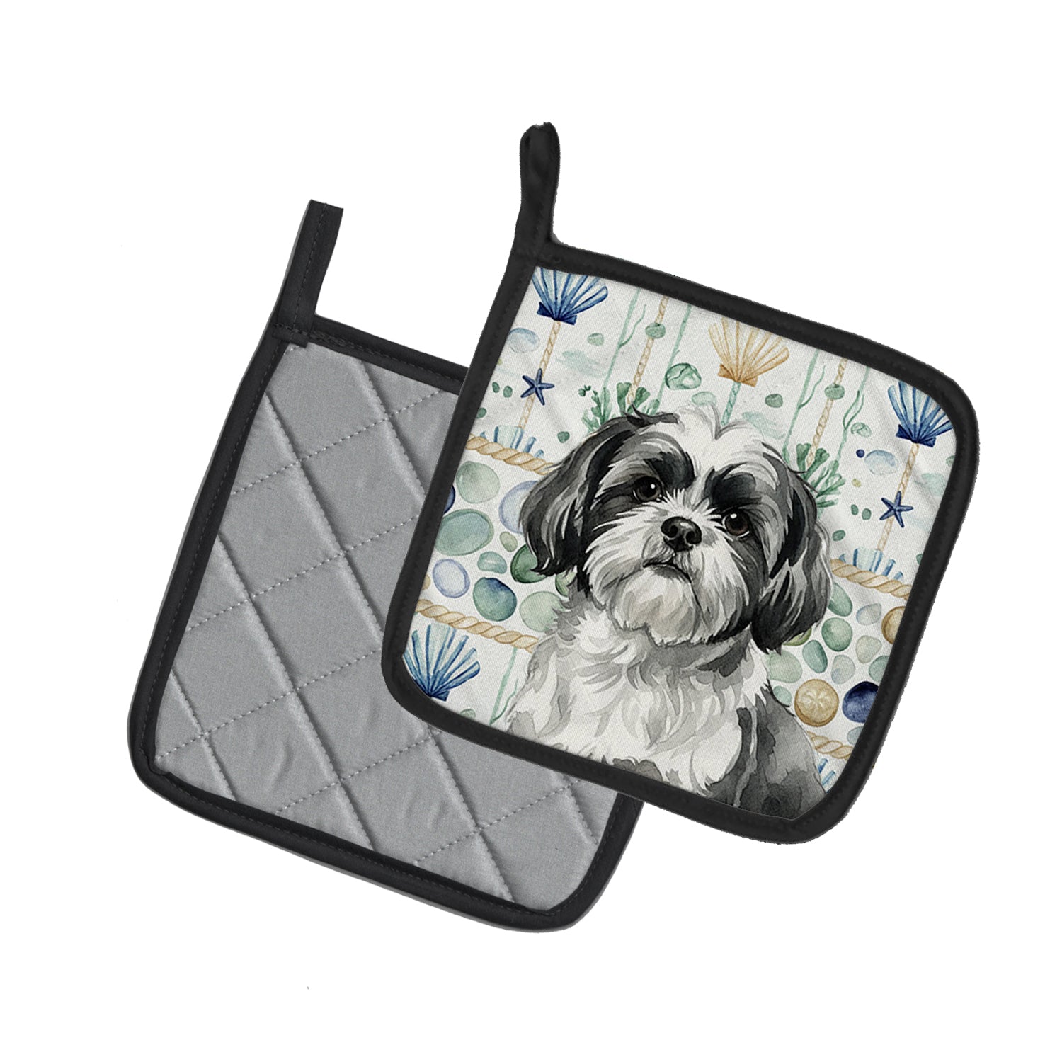 Caroline's Treasures Black and White Shih Tzu Coastal Sea Glass Pair of Pot Holders