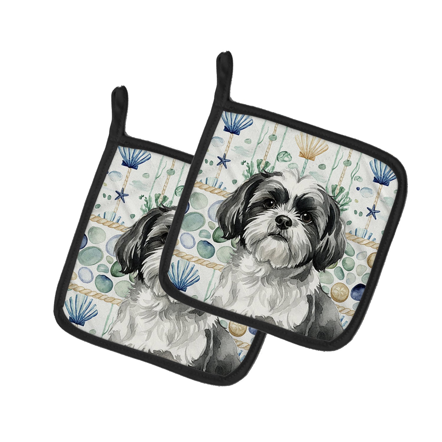 Caroline's Treasures Black and White Shih Tzu Coastal Sea Glass Pair of Pot Holders
