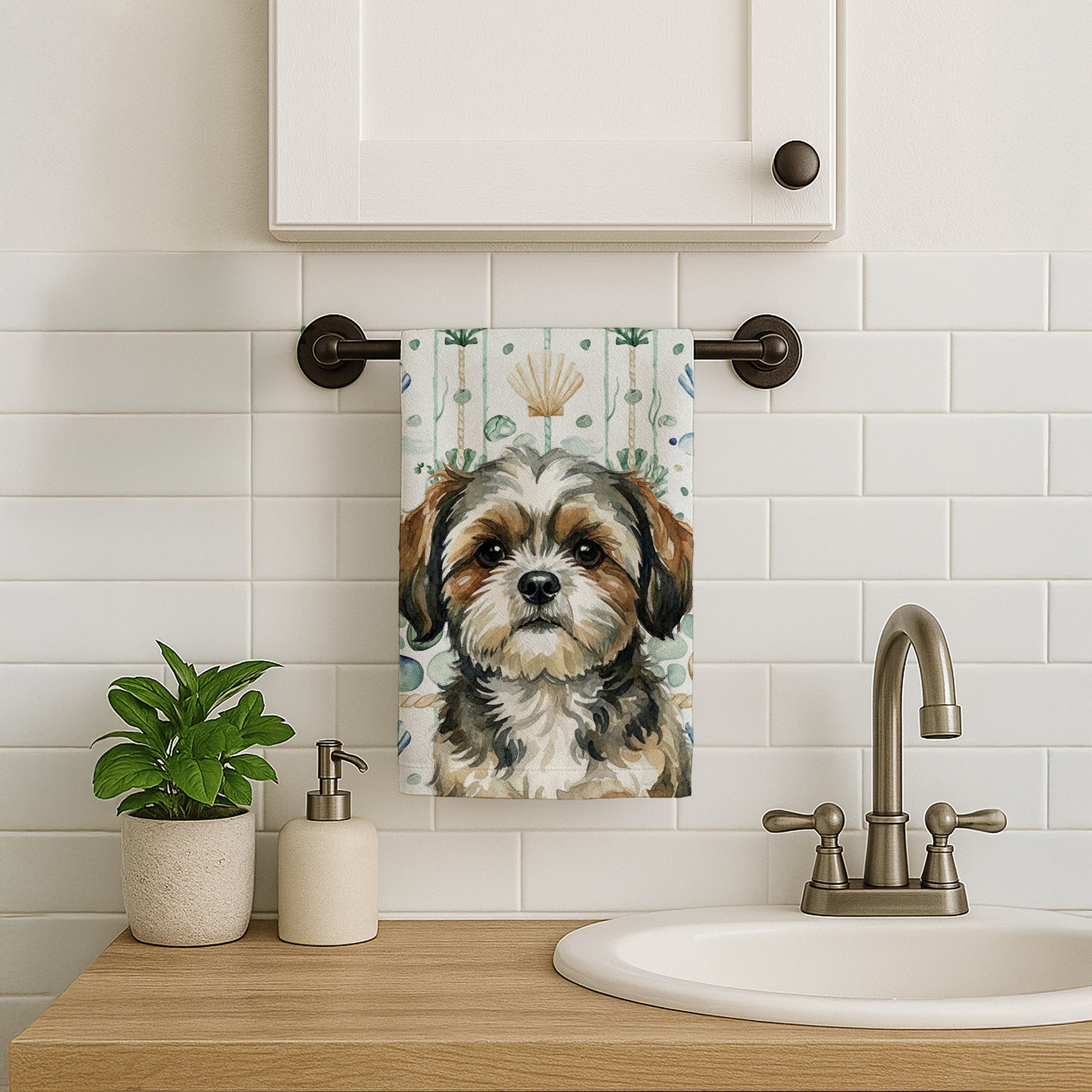 Caroline's Treasures Brindle Shih Tzu Coastal Sea Glass Kitchen Towel