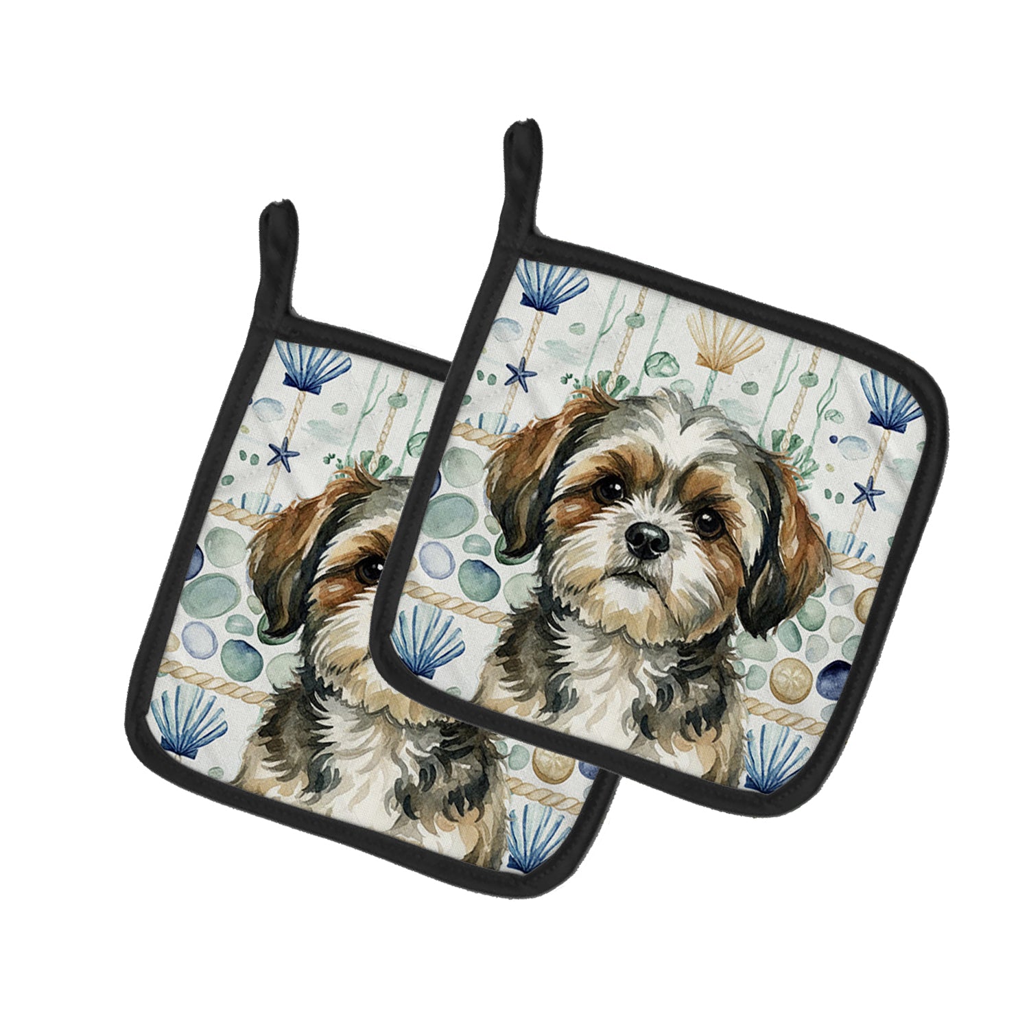 Caroline's Treasures Brindle Shih Tzu Coastal Sea Glass Pair of Pot Holders