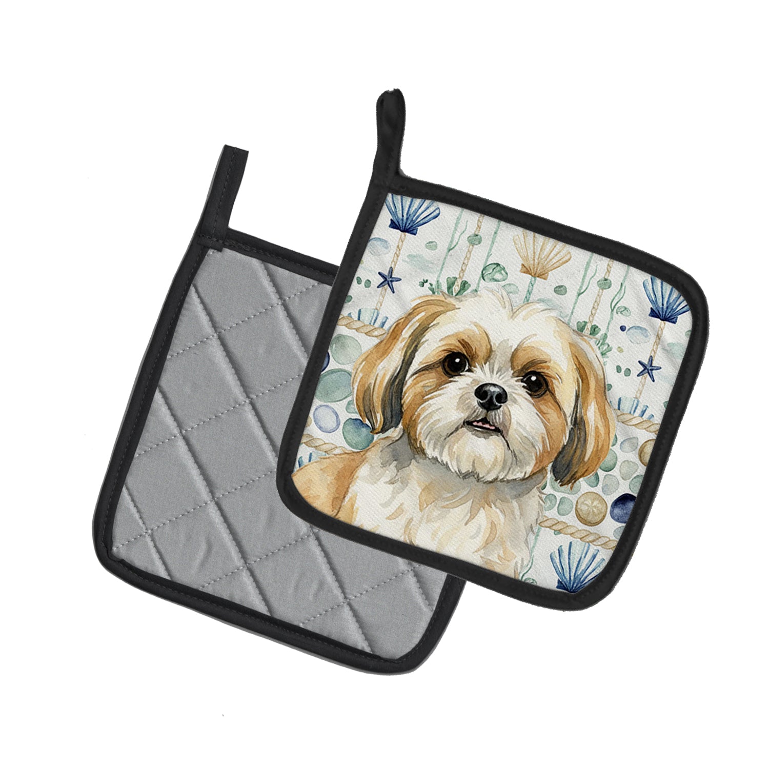 Caroline's Treasures Gold and White Shih Tzu Coastal Sea Glass Pair of Pot Holders