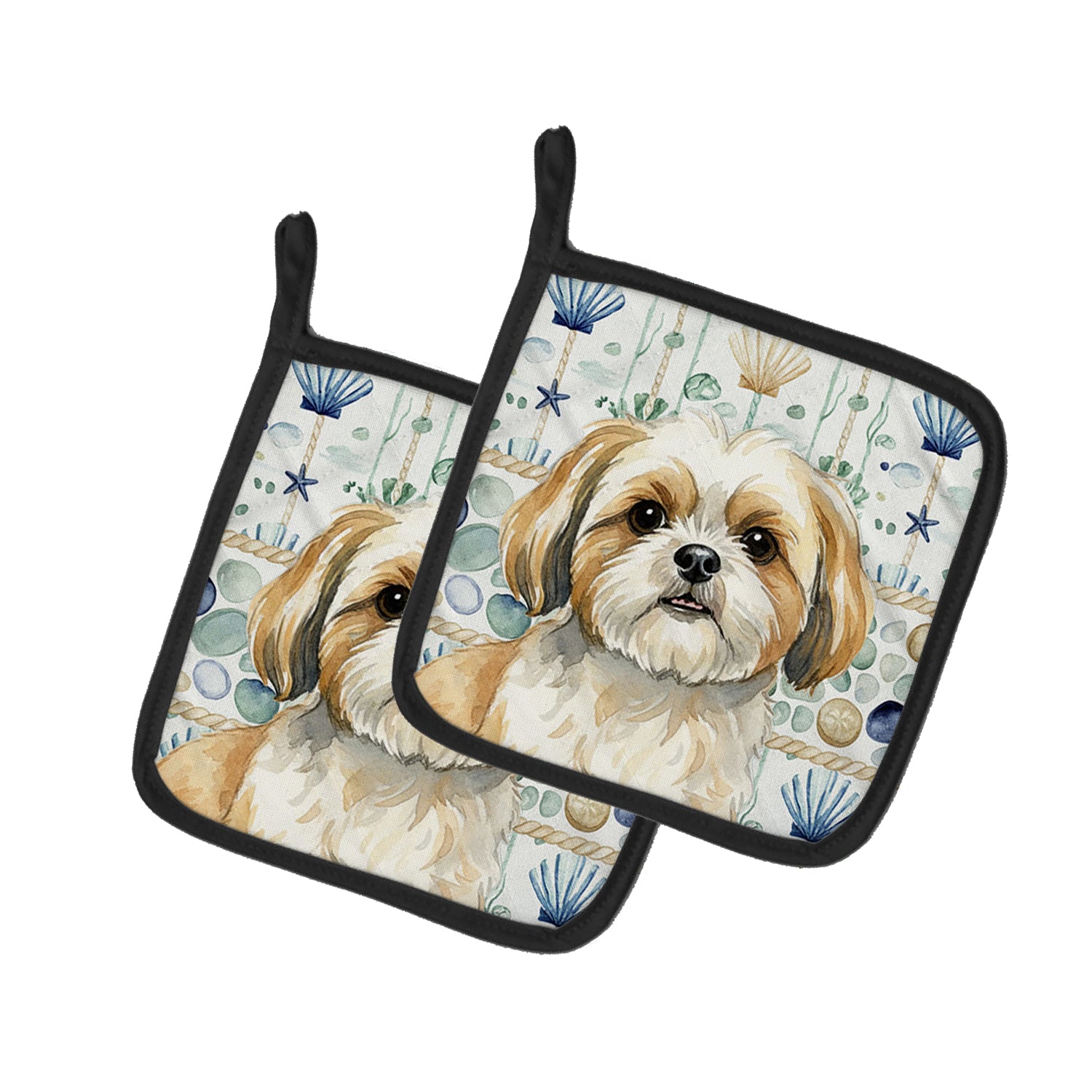 Caroline's Treasures Gold and White Shih Tzu Coastal Sea Glass Pair of Pot Holders
