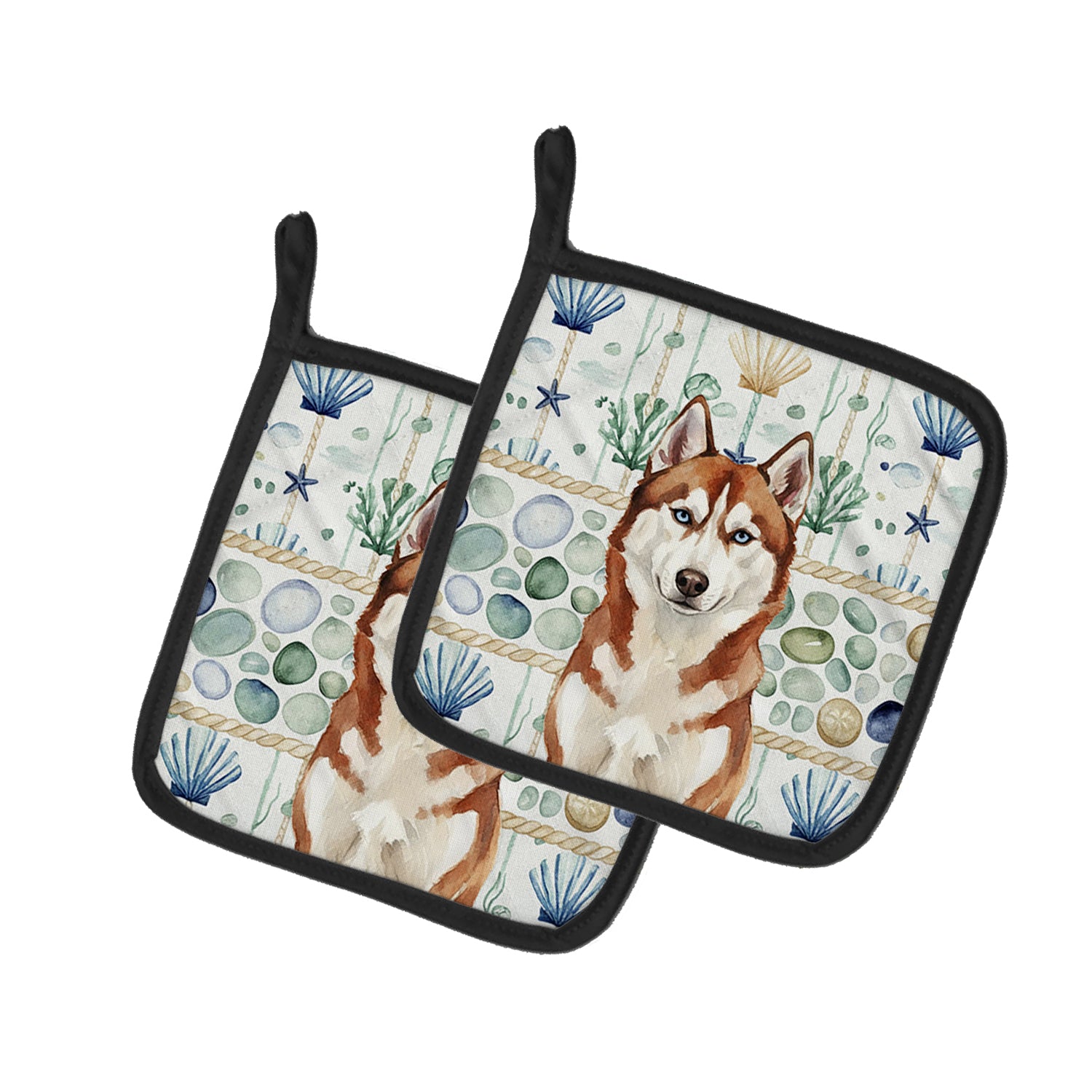 Caroline's Treasures Red and White Siberian Husky Coastal Sea Glass Pair of Pot Holders