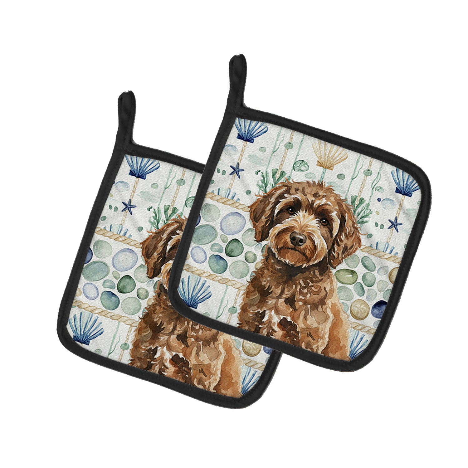 Caroline's Treasures Spanish Water Dog Coastal Sea Glass Pair of Pot Holders