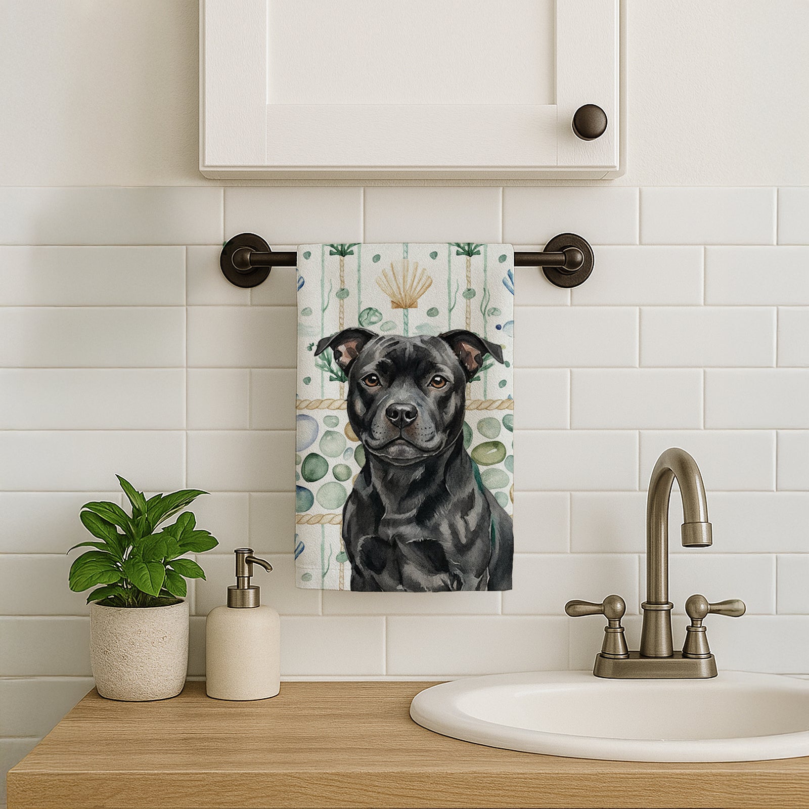 Caroline's Treasures Black Staffordshire Bull Terrier Coastal Sea Glass Kitchen Towel