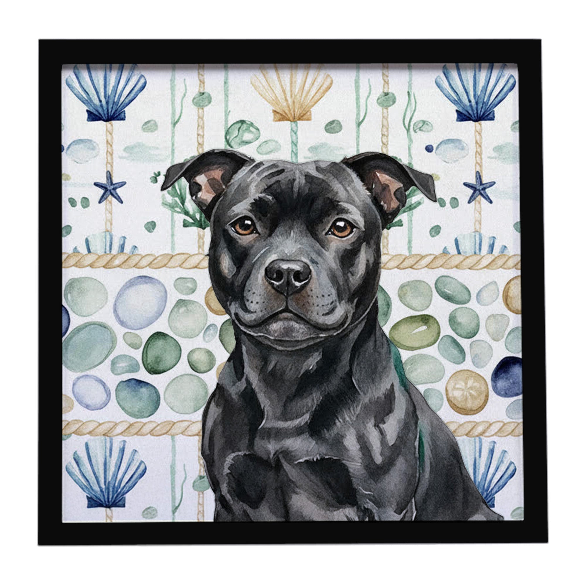 Caroline's Treasures Black Staffordshire Bull Terrier Coastal Sea Glass Framed Metal Print