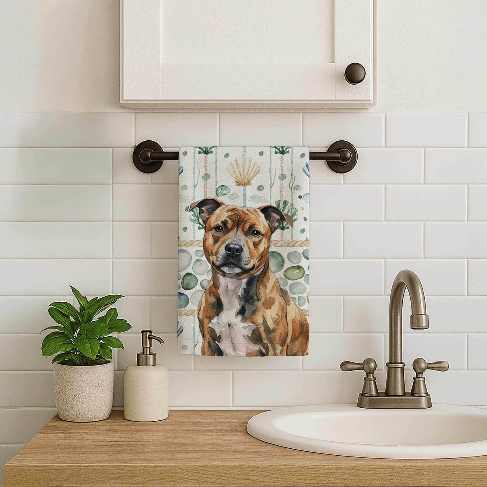 Caroline's Treasures Brindle Staffordshire Bull Terrier Coastal Sea Glass Kitchen Towel