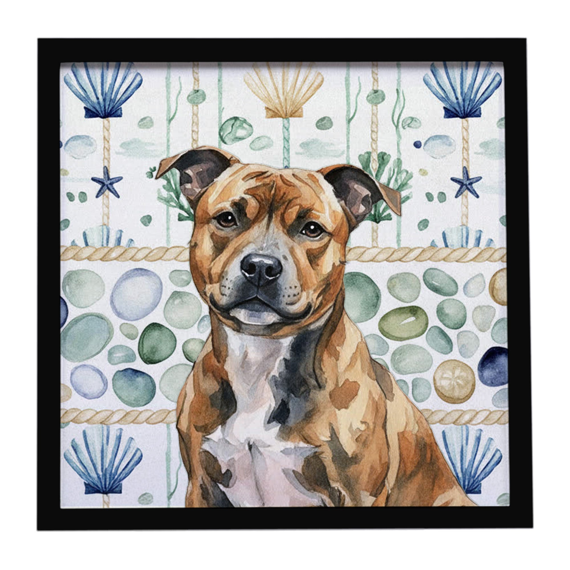 Caroline's Treasures Brindle Staffordshire Bull Terrier Coastal Sea Glass Framed Metal Print