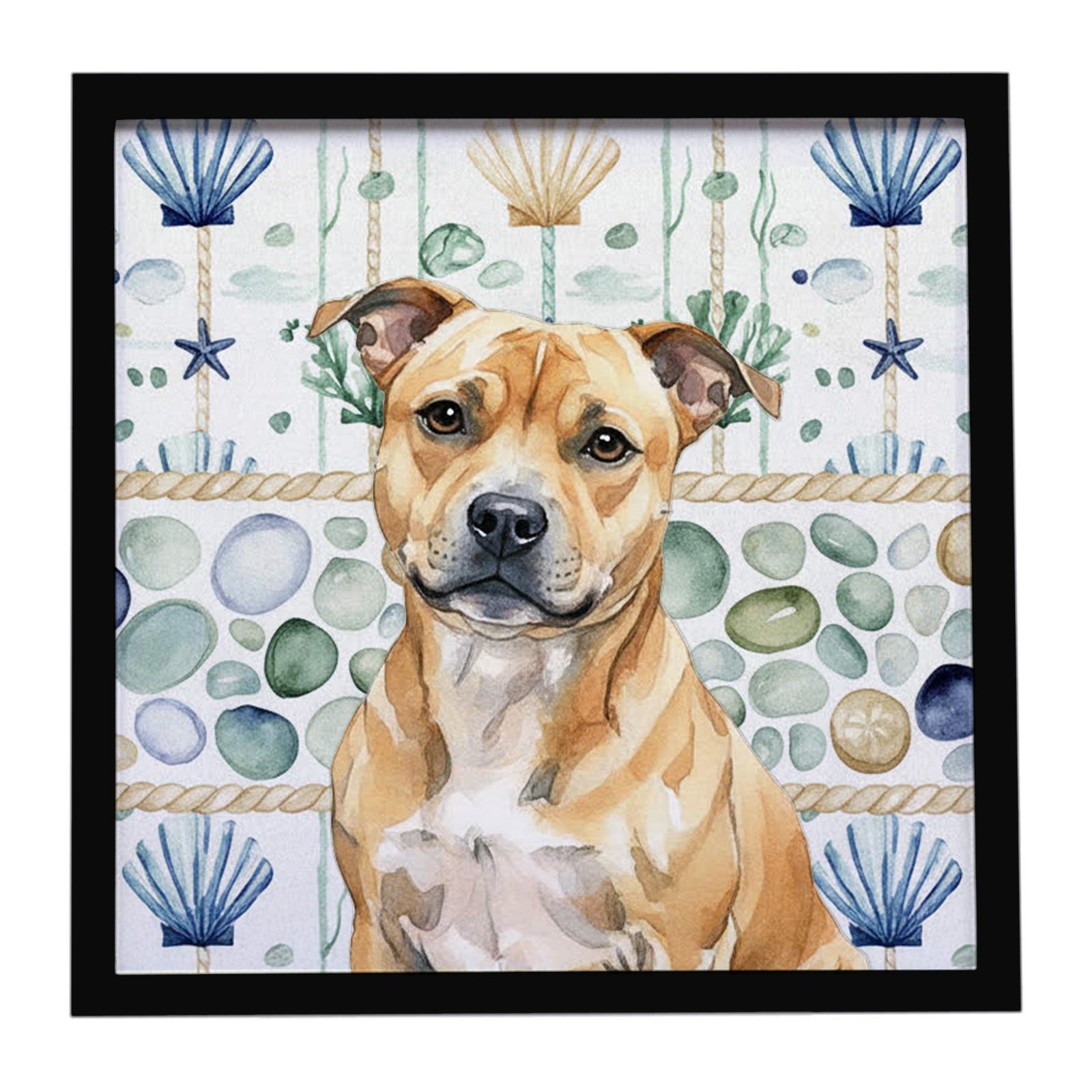 Caroline's Treasures Fawn Staffordshire Bull Terrier Coastal Sea Glass Framed Metal Print