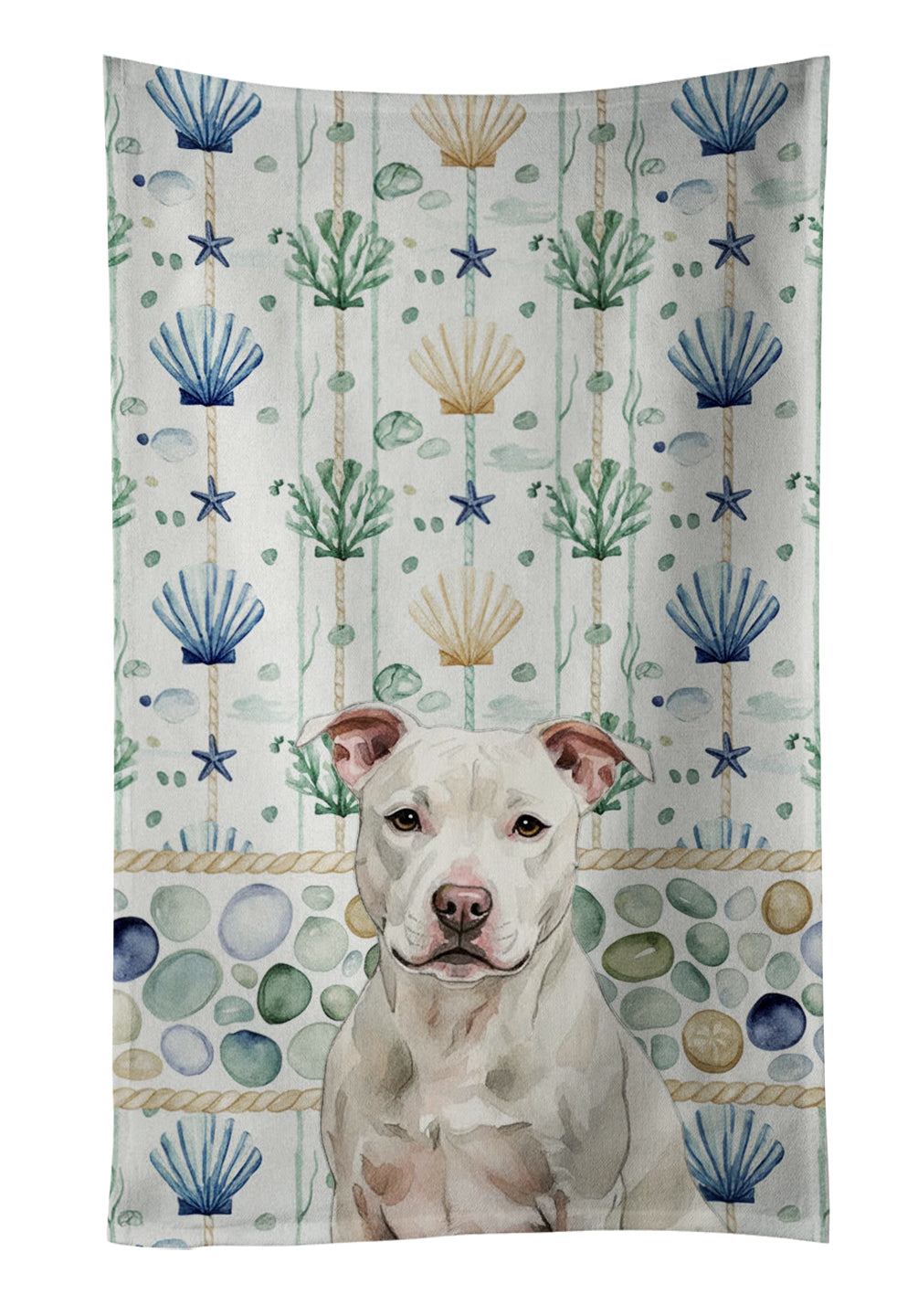 Caroline's Treasures White Staffordshire Bull Terrier Coastal Sea Glass Kitchen Towel