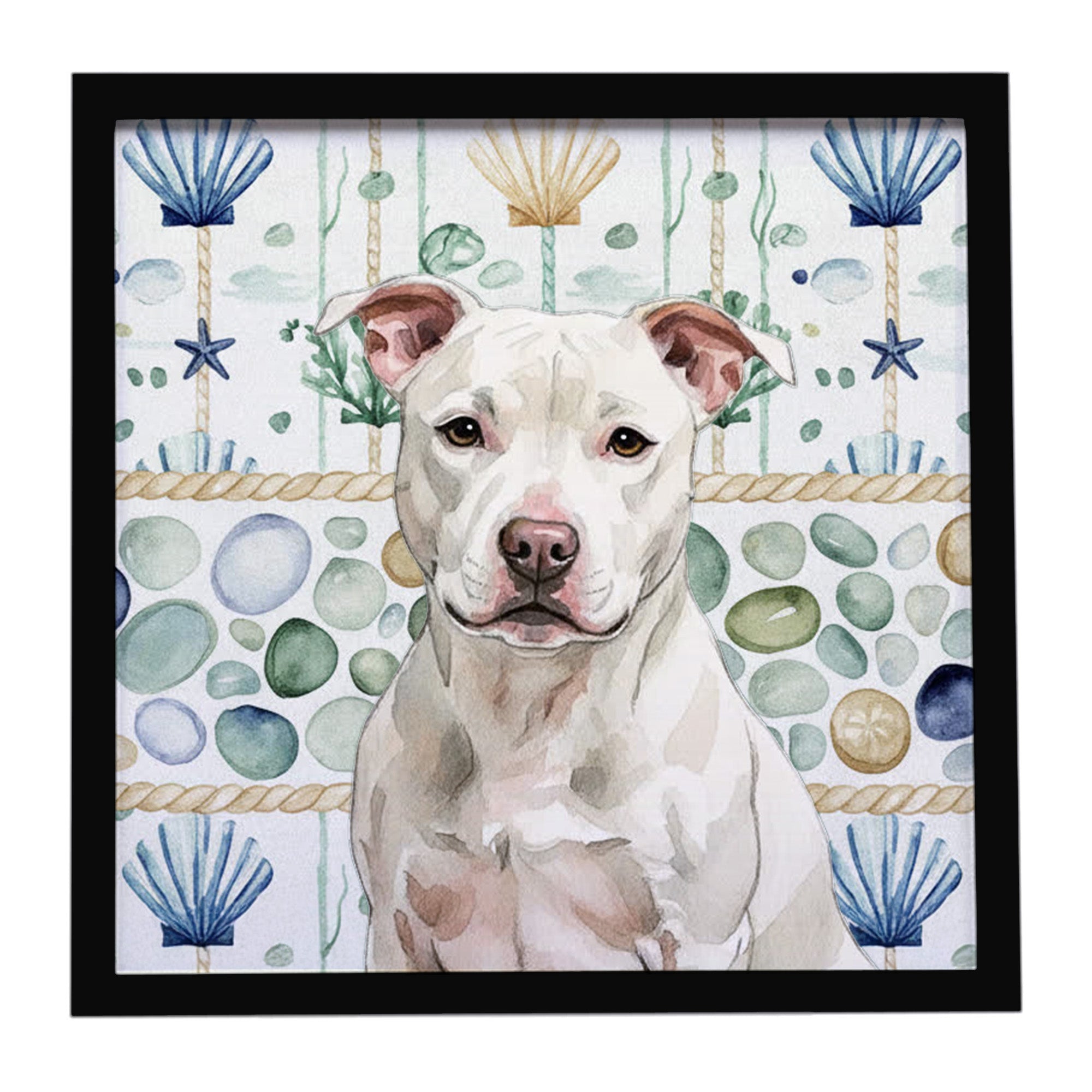 Caroline's Treasures White Staffordshire Bull Terrier Coastal Sea Glass Framed Metal Print