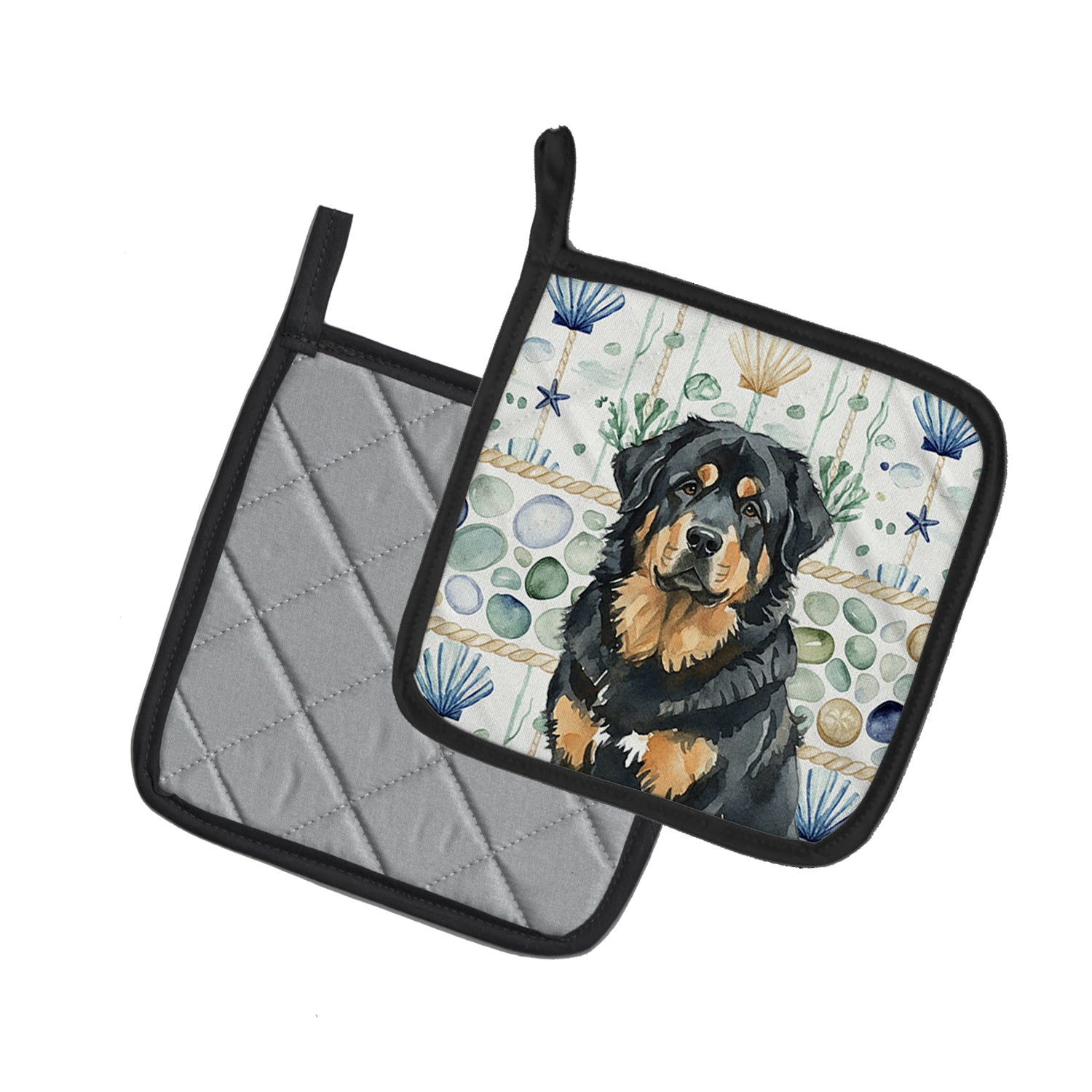 Caroline's Treasures Black and Tan Tibetan Mastiff Coastal Sea Glass Pair of Pot Holders