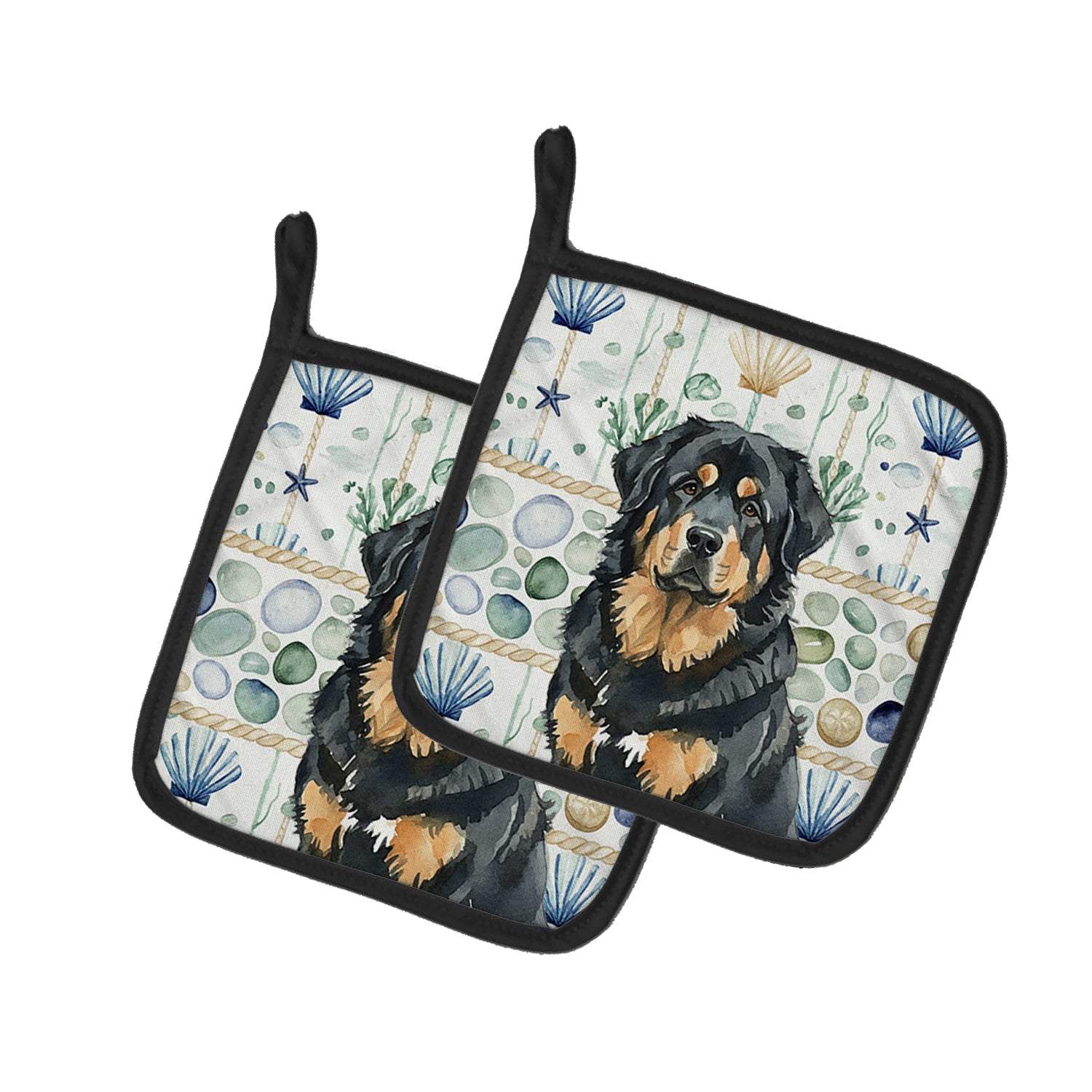 Caroline's Treasures Black and Tan Tibetan Mastiff Coastal Sea Glass Pair of Pot Holders