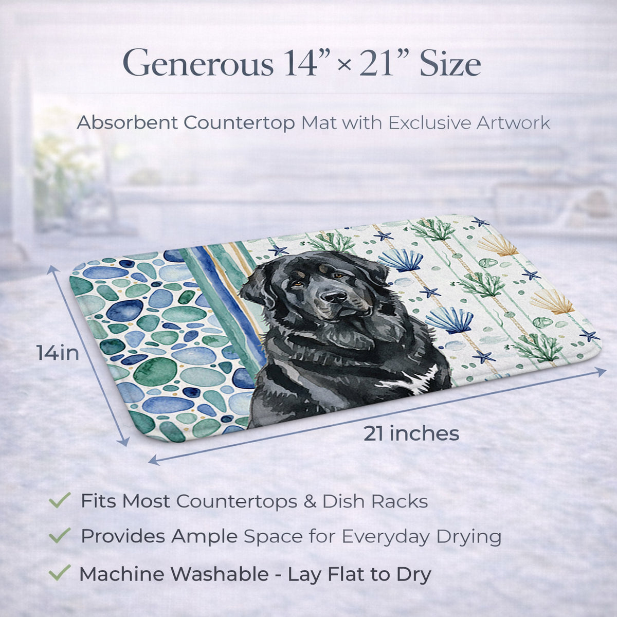 Caroline's Treasures Black Tibetan Mastiff Coastal Sea Glass Dish Drying Mat