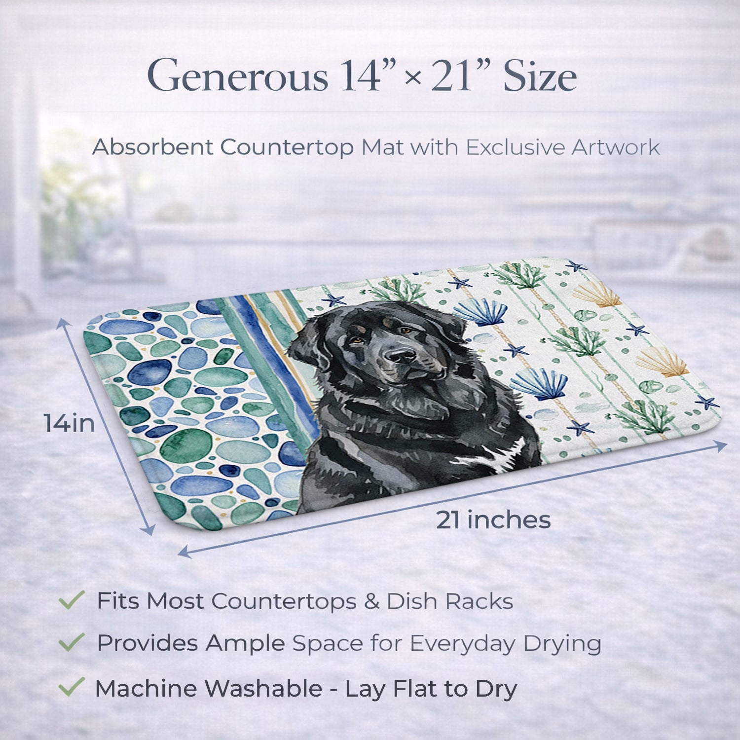 Caroline's Treasures Black Tibetan Mastiff Coastal Sea Glass Dish Drying Mat