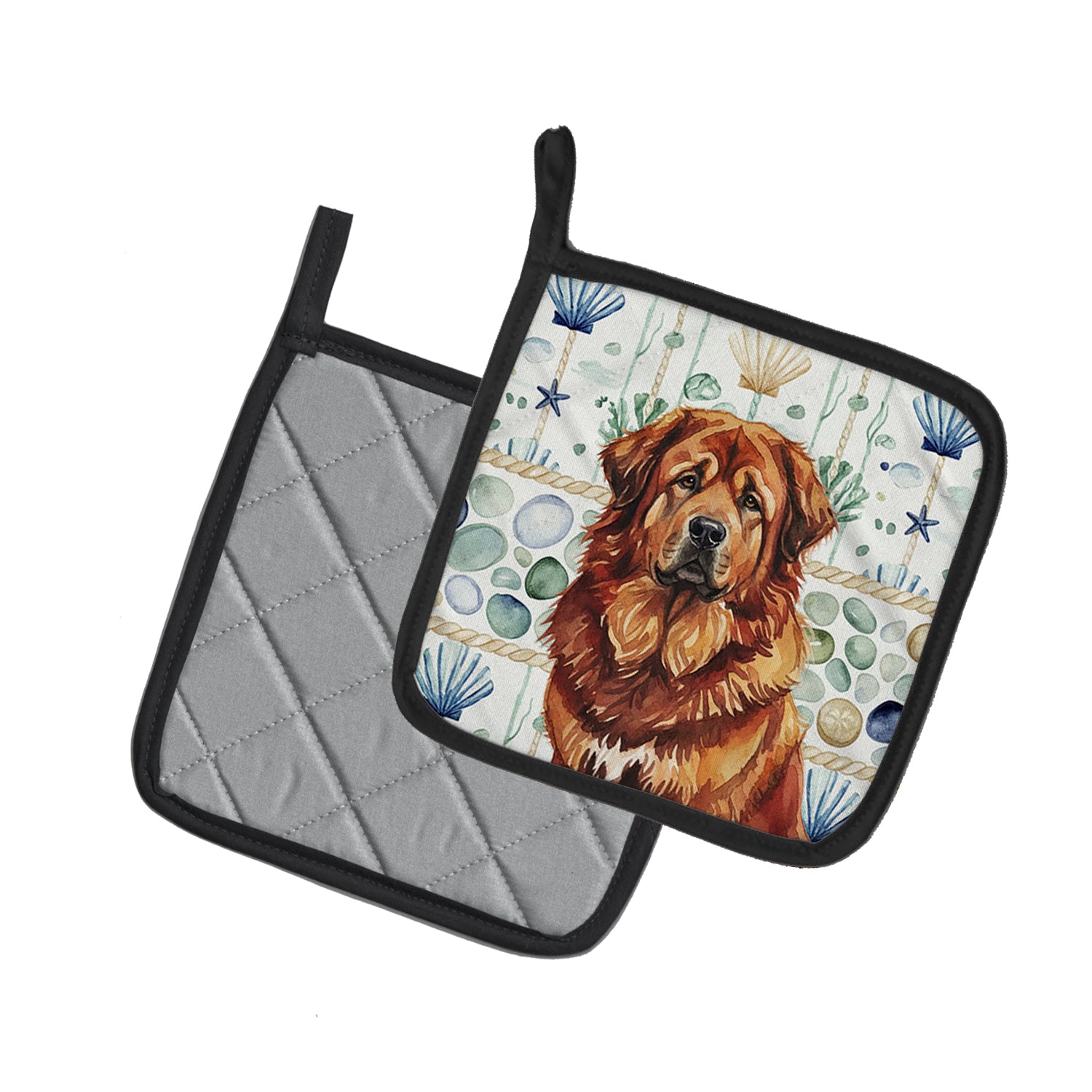 Caroline's Treasures Red Gold Tibetan Mastiff Coastal Sea Glass Pair of Pot Holders