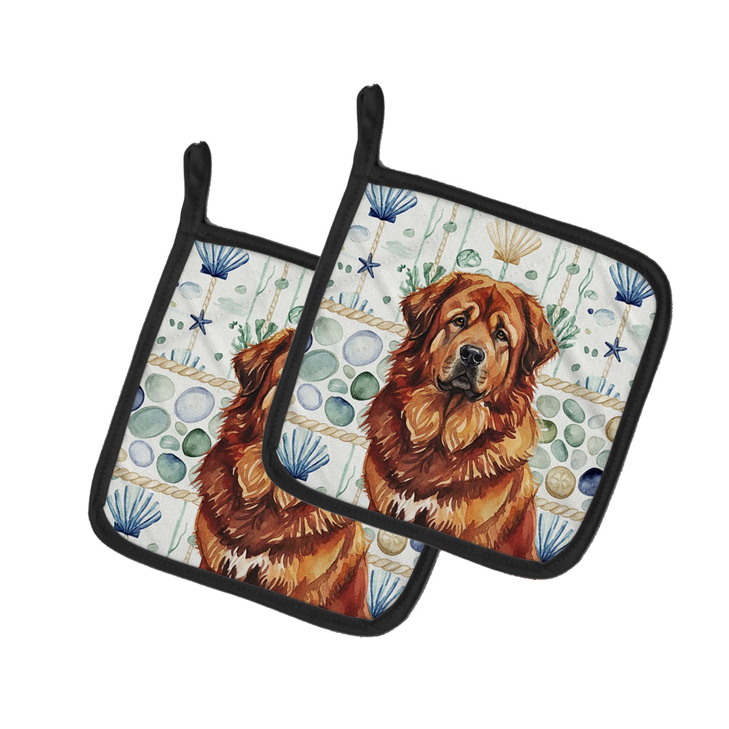 Caroline's Treasures Red Gold Tibetan Mastiff Coastal Sea Glass Pair of Pot Holders