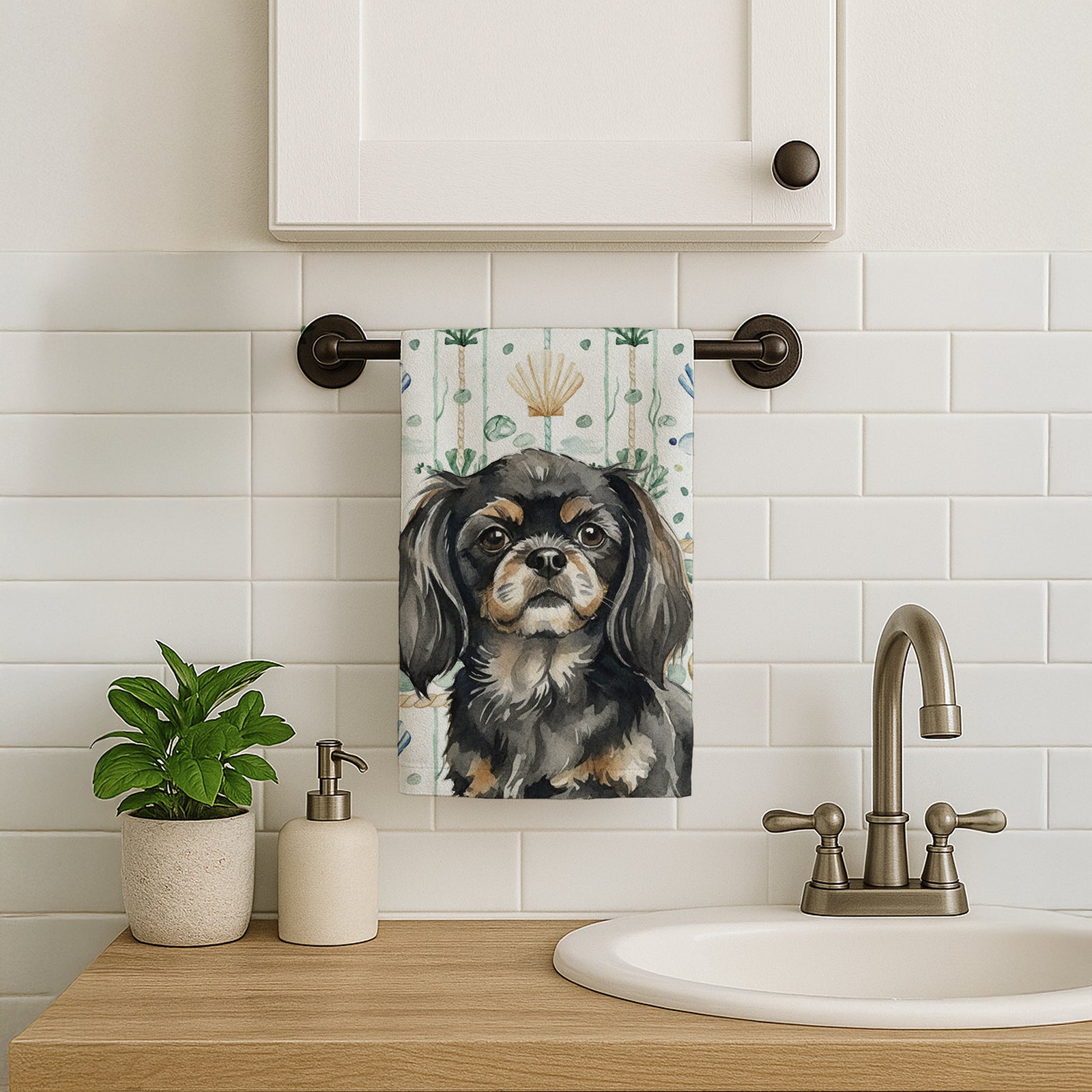 Caroline's Treasures Black and Tan Tibetan Spaniel Coastal Sea Glass Kitchen Towel
