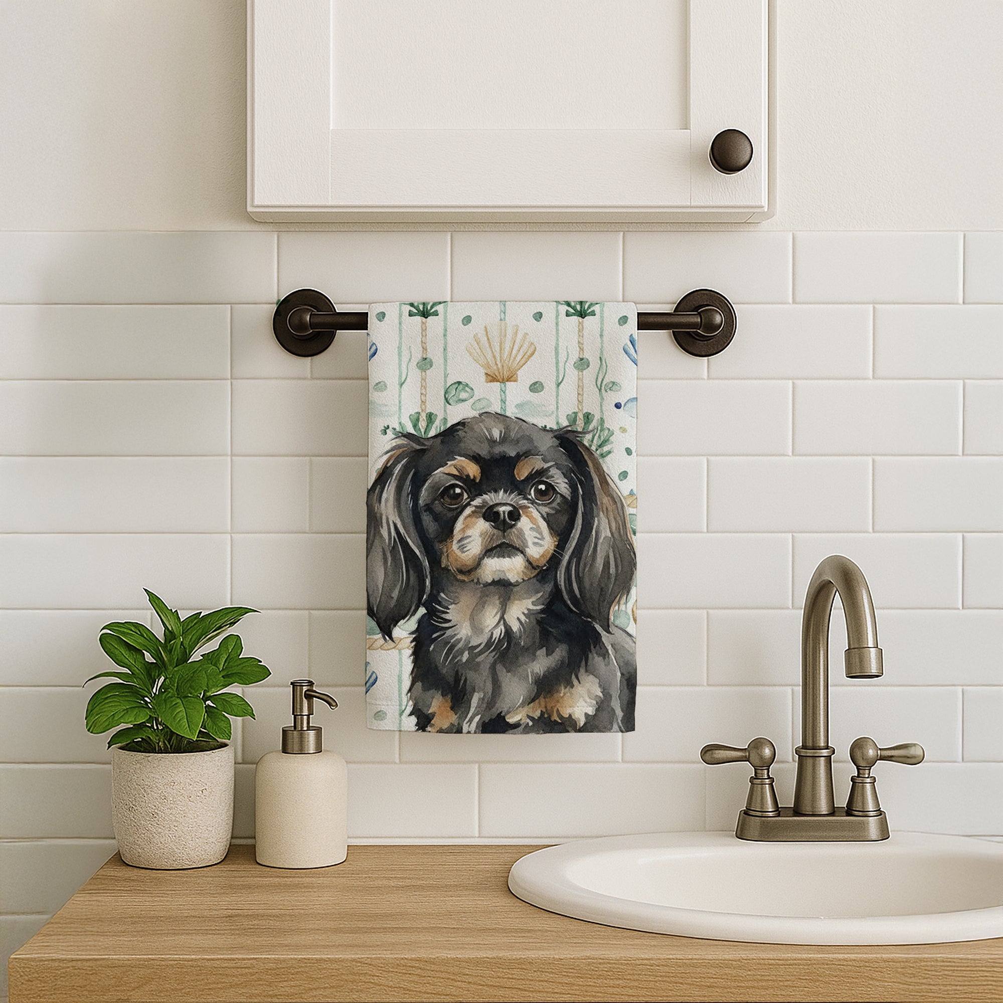 Caroline's Treasures Black and Tan Tibetan Spaniel Coastal Sea Glass Kitchen Towel
