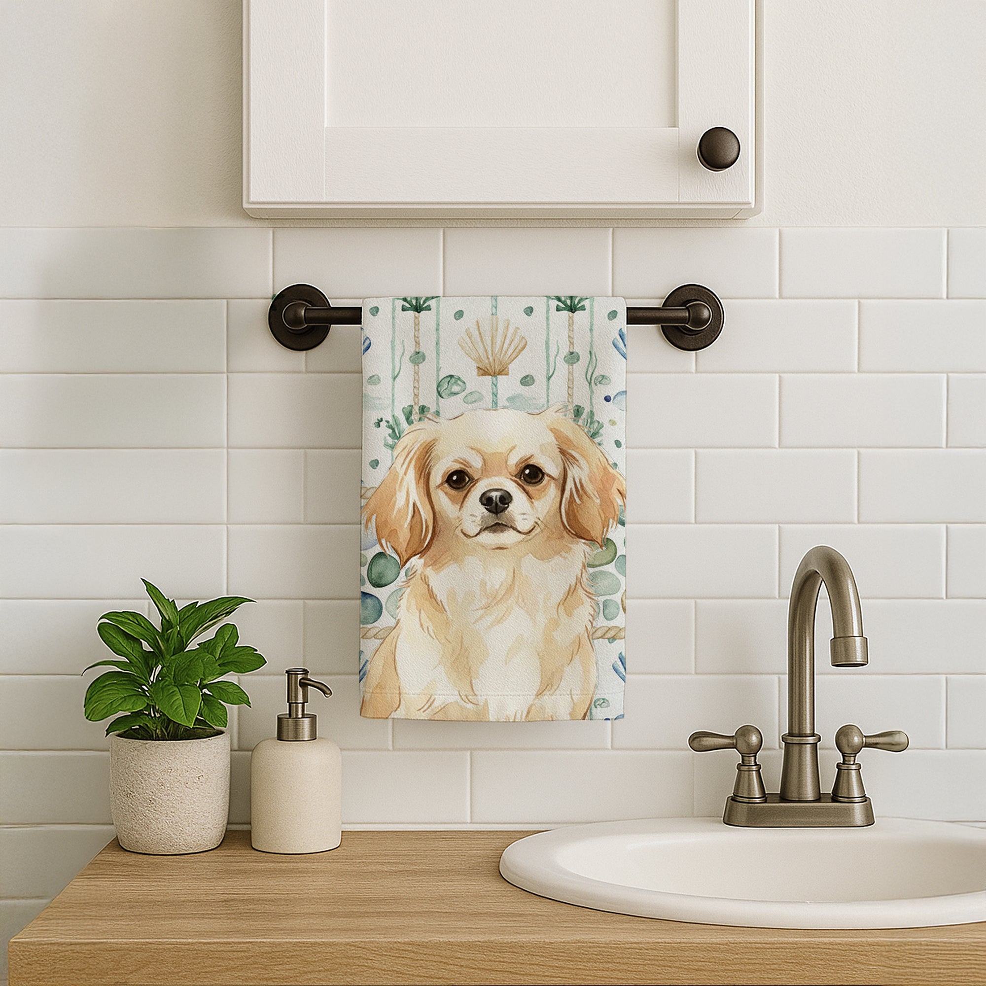 Caroline's Treasures Cream Tibetan Spaniel Coastal Sea Glass Kitchen Towel