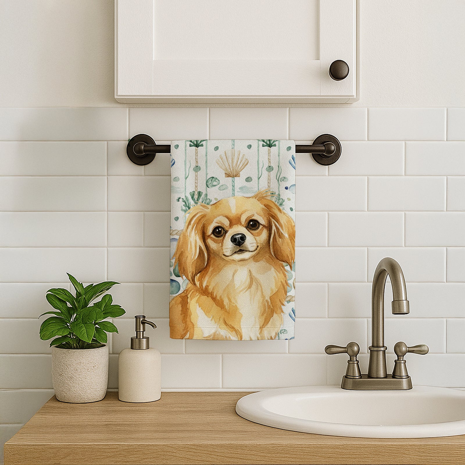 Caroline's Treasures Gold Tibetan Spaniel Coastal Sea Glass Kitchen Towel