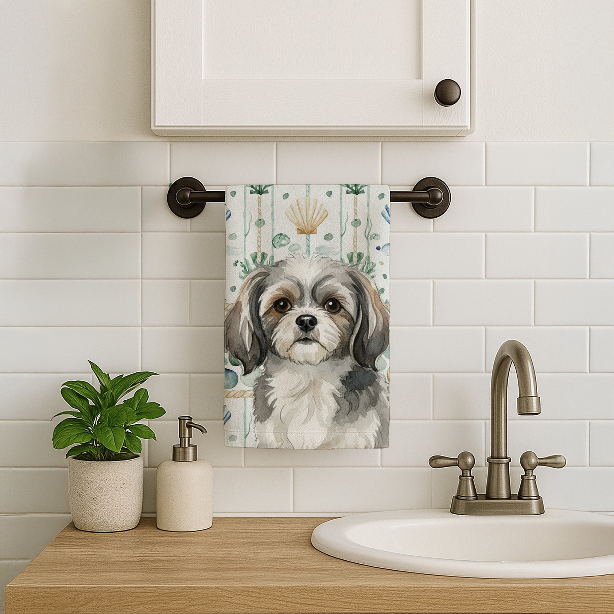 Caroline's Treasures Grey and White Tibetan Spaniel Coastal Sea Glass Kitchen Towel