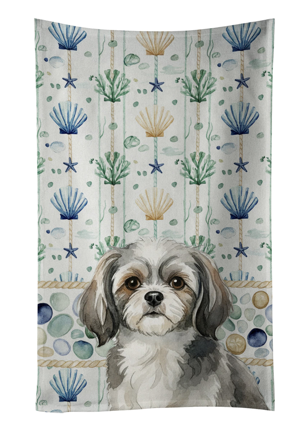 Caroline's Treasures Grey and White Tibetan Spaniel Coastal Sea Glass Kitchen Towel