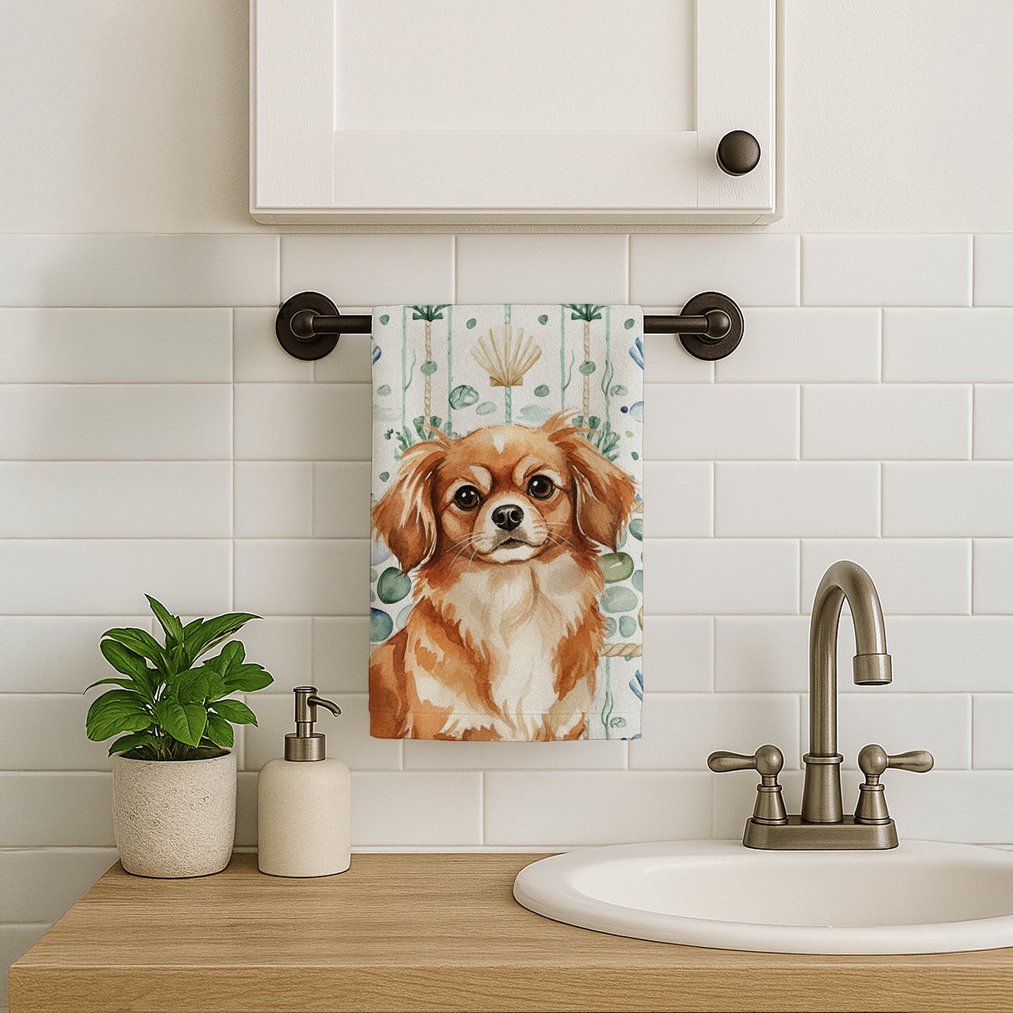 Caroline's Treasures Red Tibetan Spaniel Coastal Sea Glass Kitchen Towel