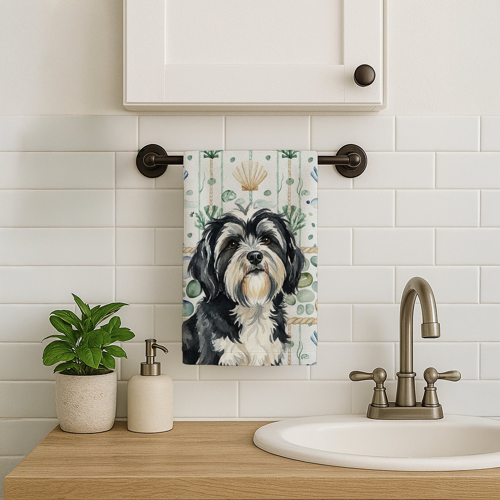 Caroline's Treasures Black and White Tibetan Terrier Coastal Sea Glass Kitchen Towel