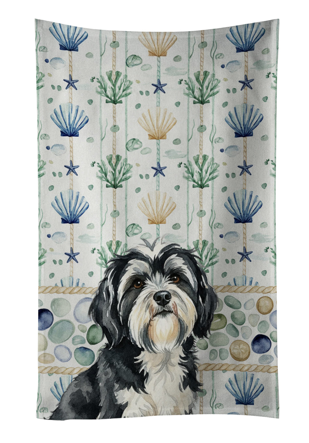 Caroline's Treasures Black and White Tibetan Terrier Coastal Sea Glass Kitchen Towel